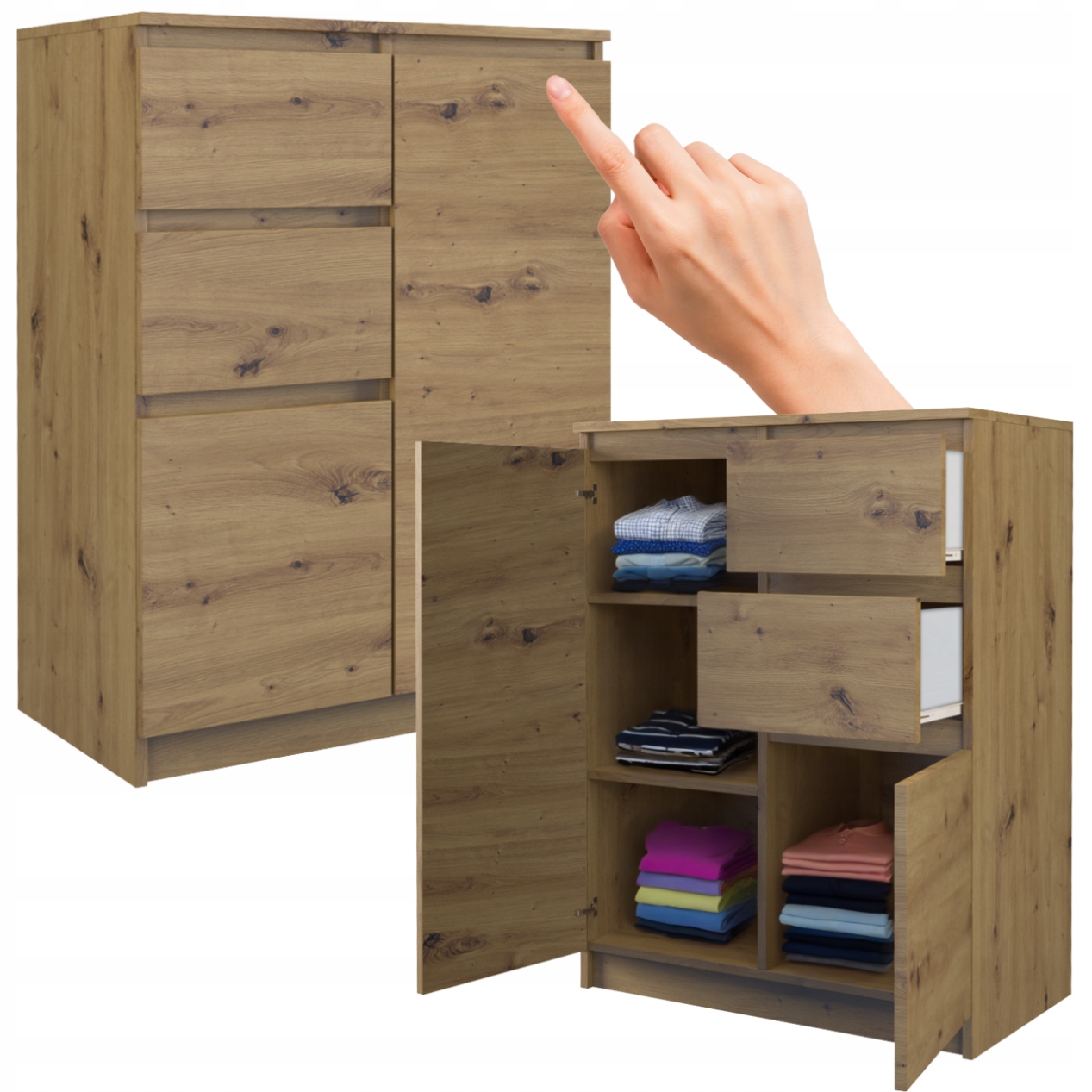 Komoda Do Salonu 2 Szuflady 2 Drzwi Fronty Bez Uchwytów Tip-on Dąb Artisan