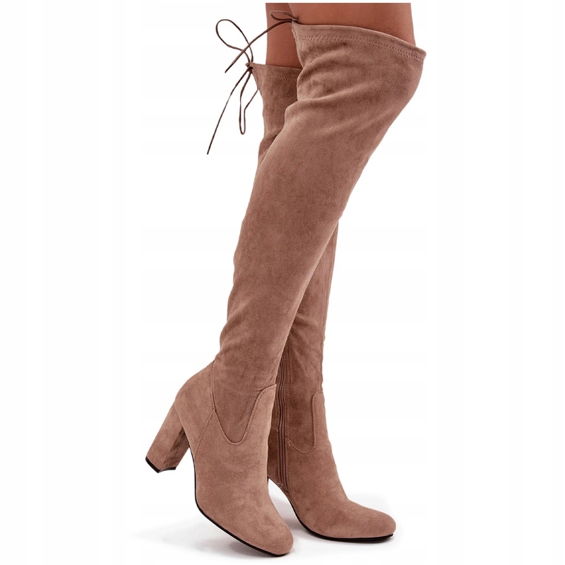 Teplé Semišové Kozačky Za Koleno, Sloupek Béžový, Velikost 40