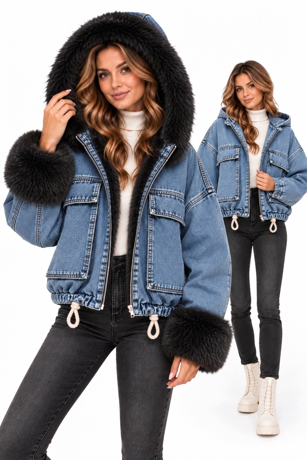 0008 Džínová bunda Oversize 2v1 s odnímatelnou kožešinou kapuce S/m Denim