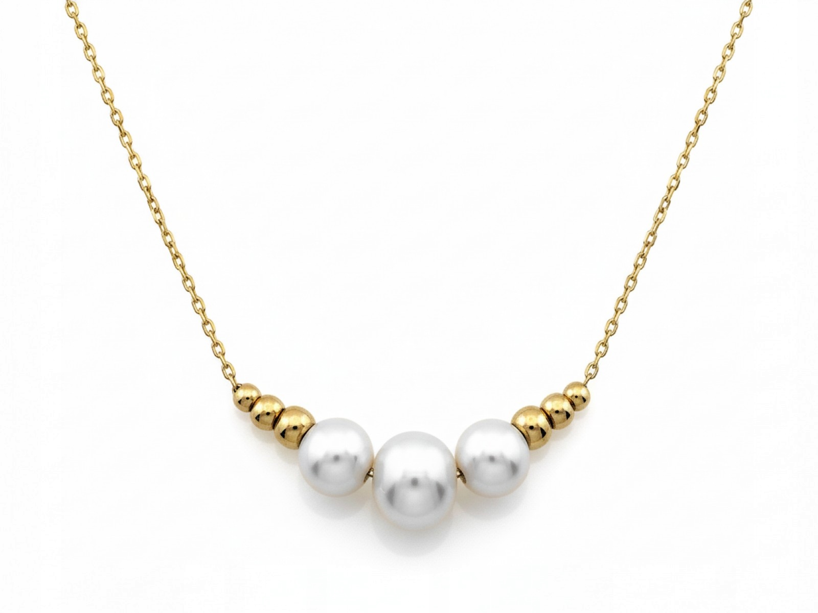Zlatý náhrdelník 585 s kuličkami a třemi bílými perlami 45 cm, perličky 1.98 g