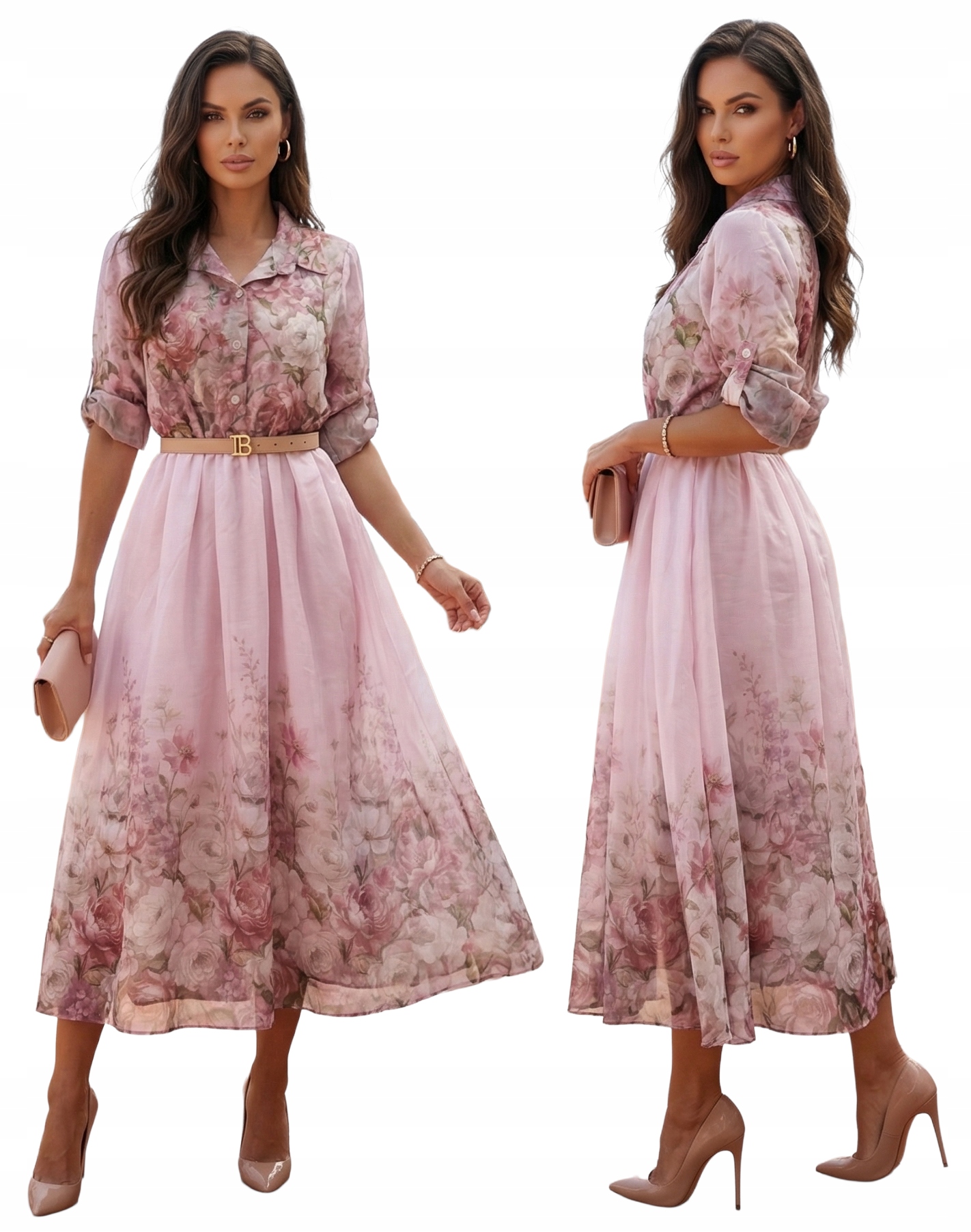 Sukienka Koszulowa Kwiaty Szmizjerka Różowa Podszewka Gumka Premium