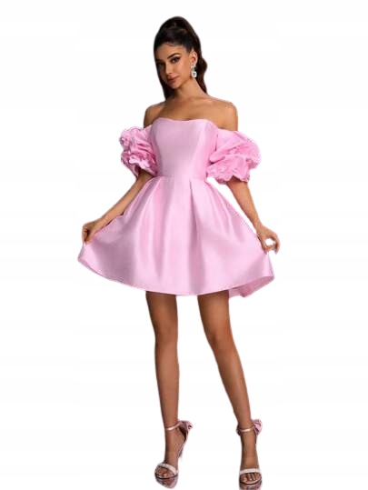 Shein Růžová Šaty S Bufíky, Odhalená Ramena 38 1DJ
