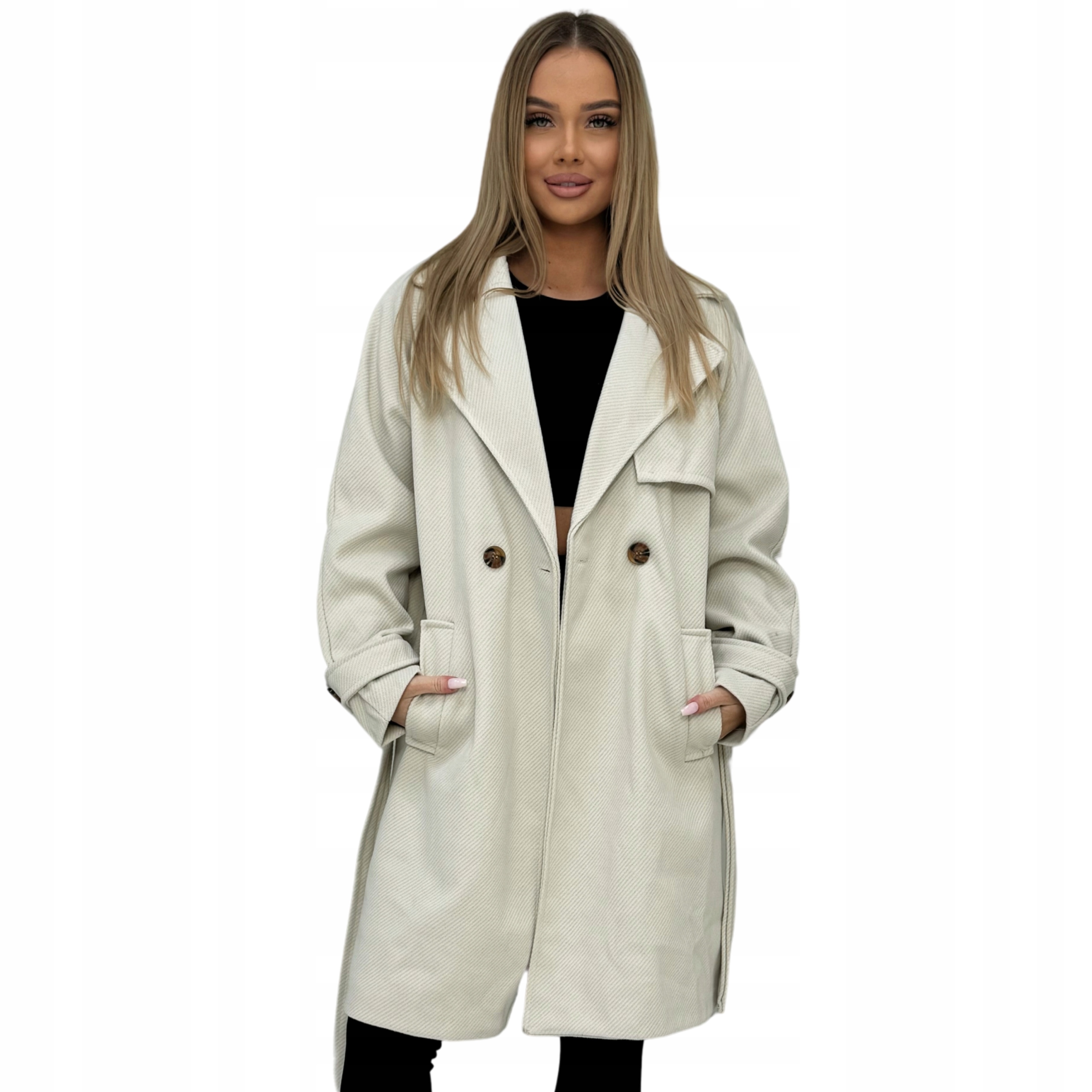 Płaszcz damski trencz wiosenny wiązany klasyczny beżowy XL