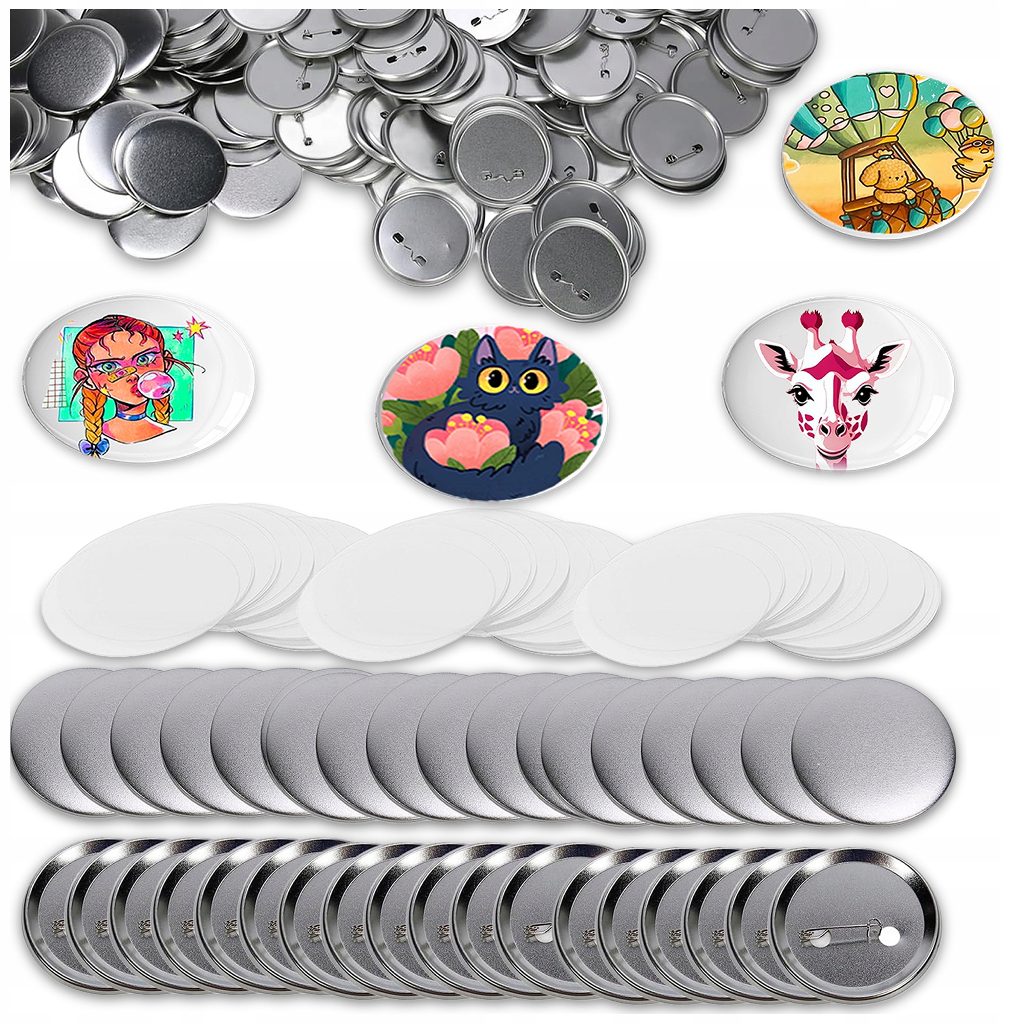 METALOWE KOMPONENTY DO PRZYPINEK Z AGRAFKĄ FOLIE 100 SZT BUTTON DIY 44MM