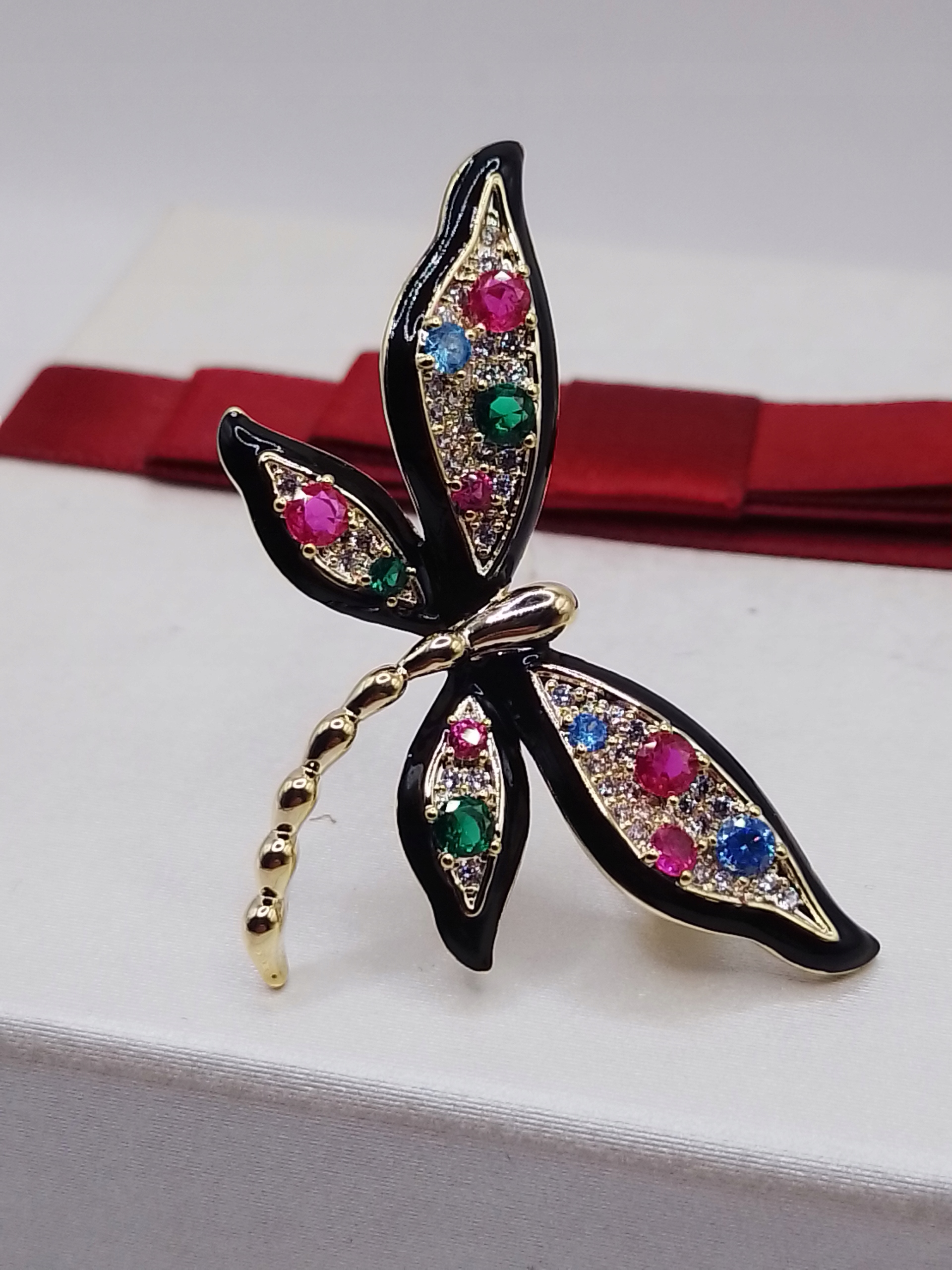 Luxusní Brož Barevná Vážka Zlatá 14K Gp Krabička Dárek