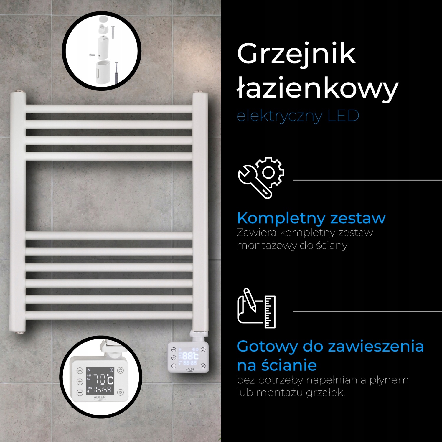 Grzejnik Łazienkowy Elektryczny LED AD 7823 – Szybkie Suszenie i Ogrzewanie