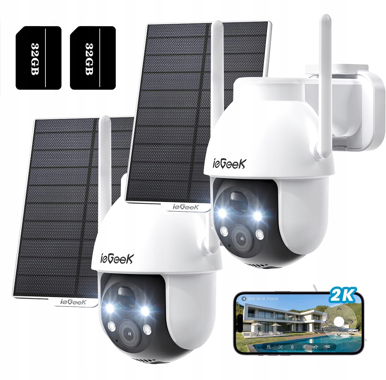 2X Solární Wifi Kamera 4MPX Smart Venkovní Otočná Ip Bezdrátová 32GB