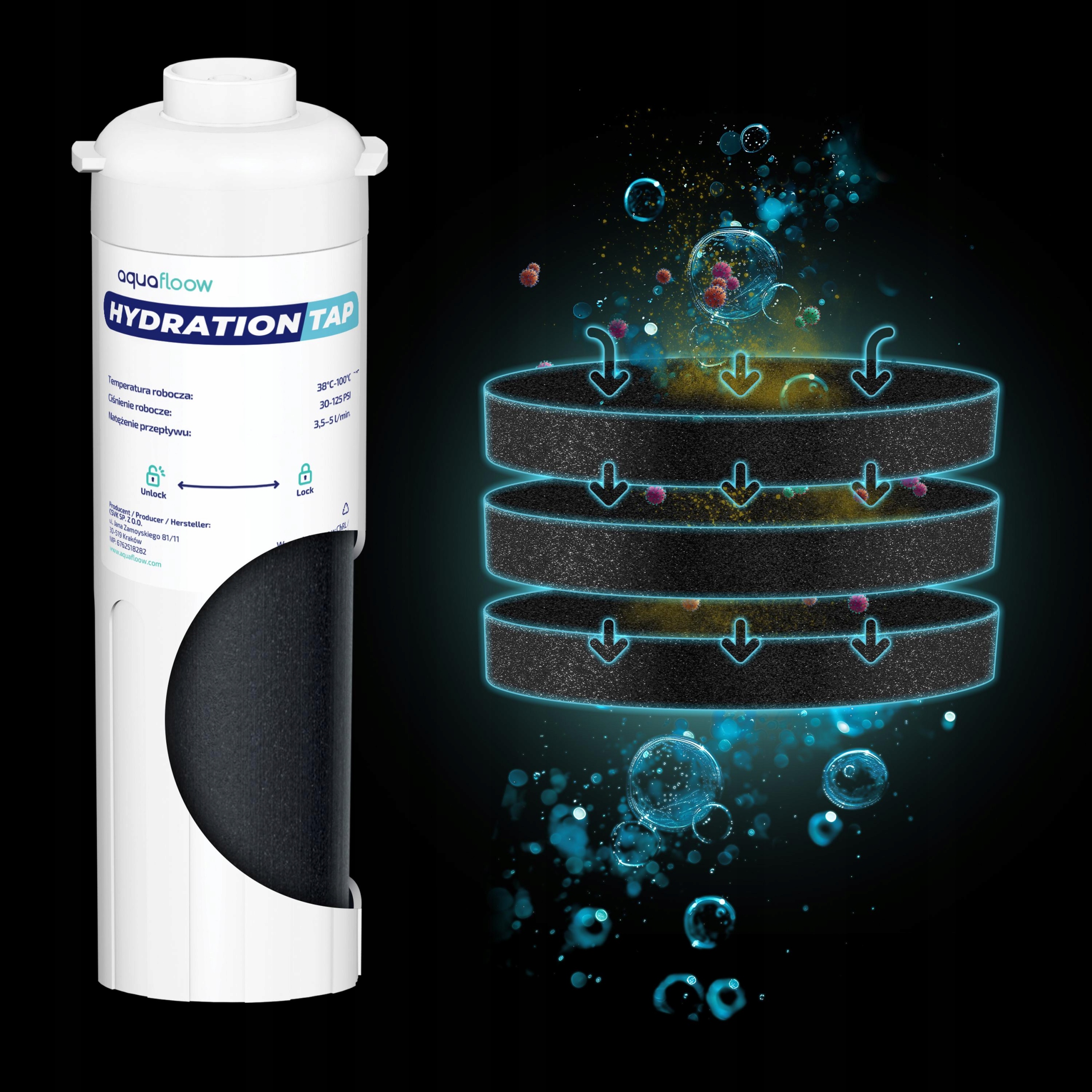 AquaFloow víz alatti szűrőrendszer + 28 cm-es álló konyhai csaptelep Modell Hydration Tap + bateria