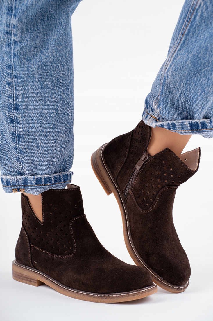 Kotníkové Kotníkové Boty s prolamovaným vzorem z pravé kůže v čokoládové barvě, velikost 41