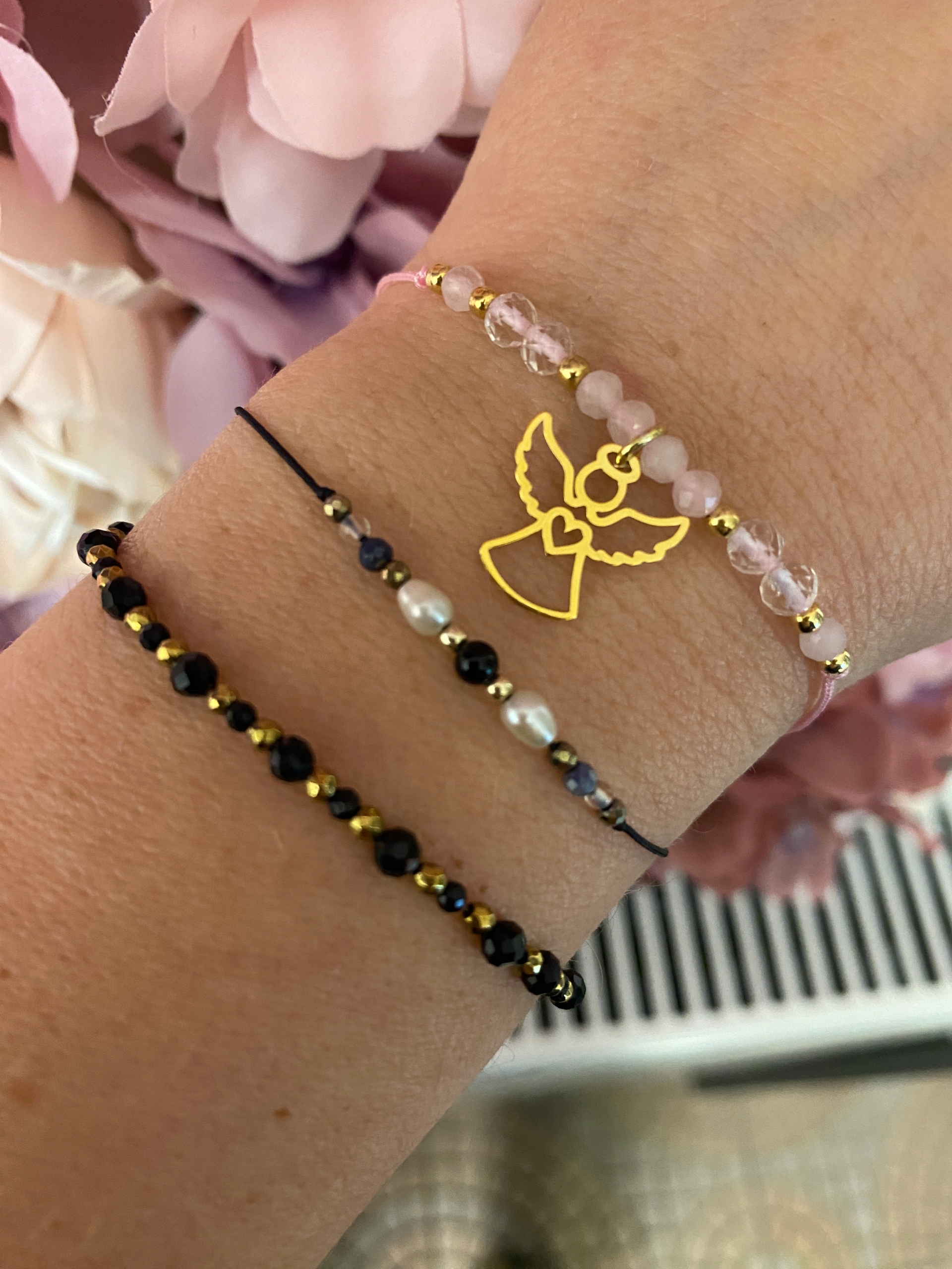 Bransoletka z aniołkiem anioł kamienie naturalne KOMUNIA CHRZEST ROCZEK 925 Długość całkowita 17 cm