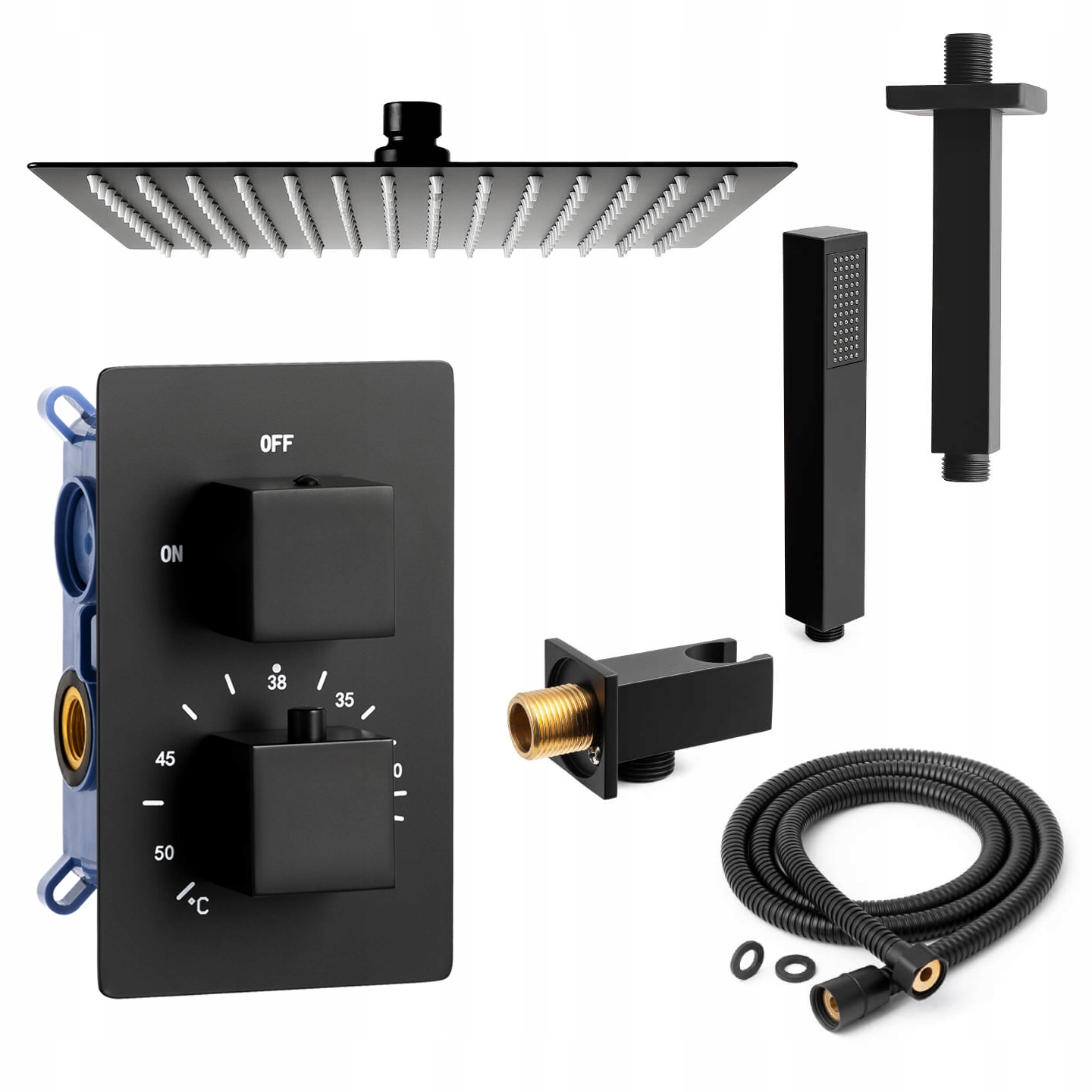 Čierny sprchový set s termostatom a stropnou dažďovou sprchou Ultra-Slim