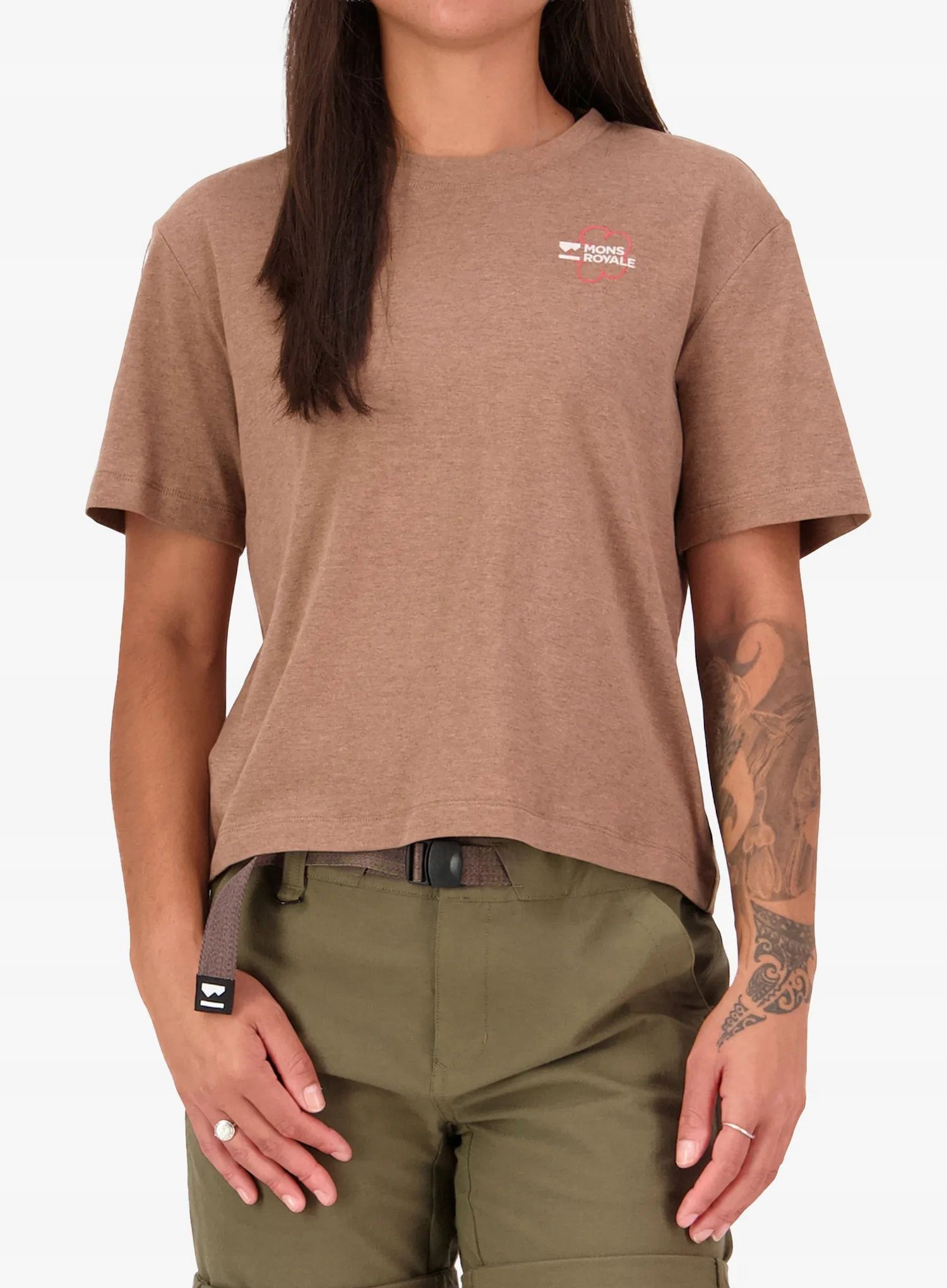 Koszulka bawełniana damska Mons Royale Yonder Merino Org. Cotton mocha S