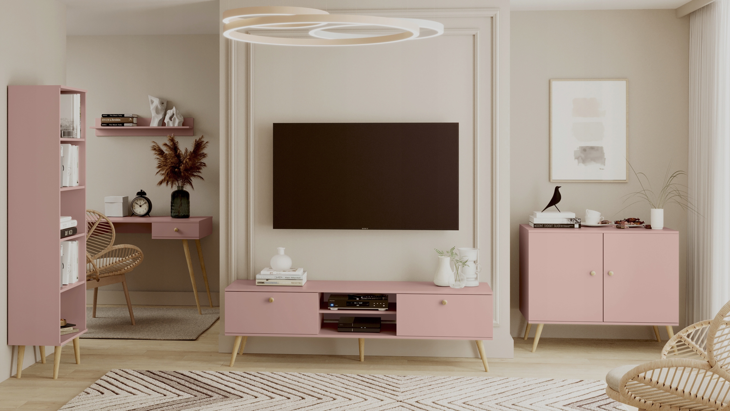 Biurko BOHO 135x54 cm Róż naturalny - 2 szuflady - drewniane nogi Głębokość mebla 54 cm