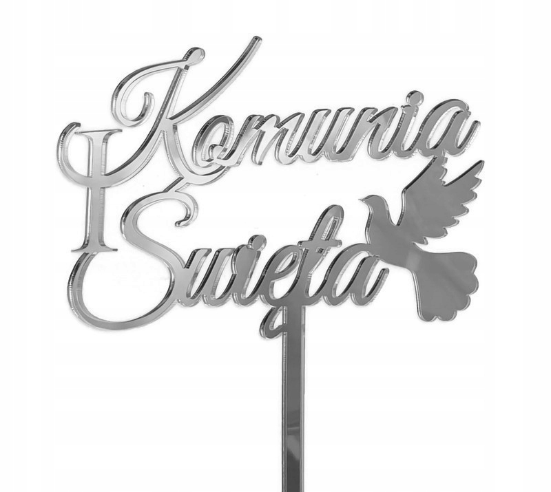 

Topper na komunię napis Komunia Św srebrne lustro