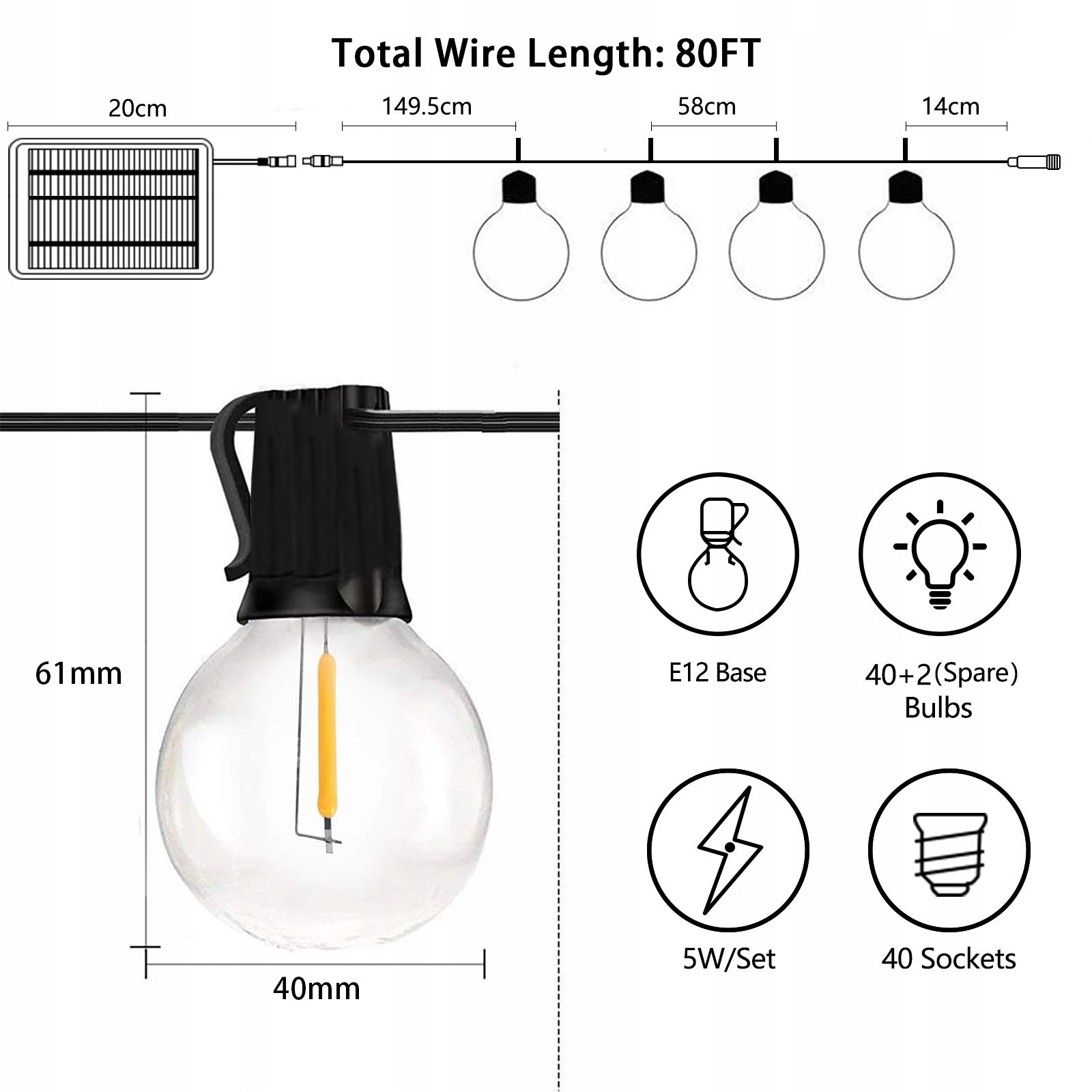 BOMCOSY Solarna Girlanda LED 26.4M IP45 Wodoodporna Ogród 4 Tryby 40 — miniatura 6