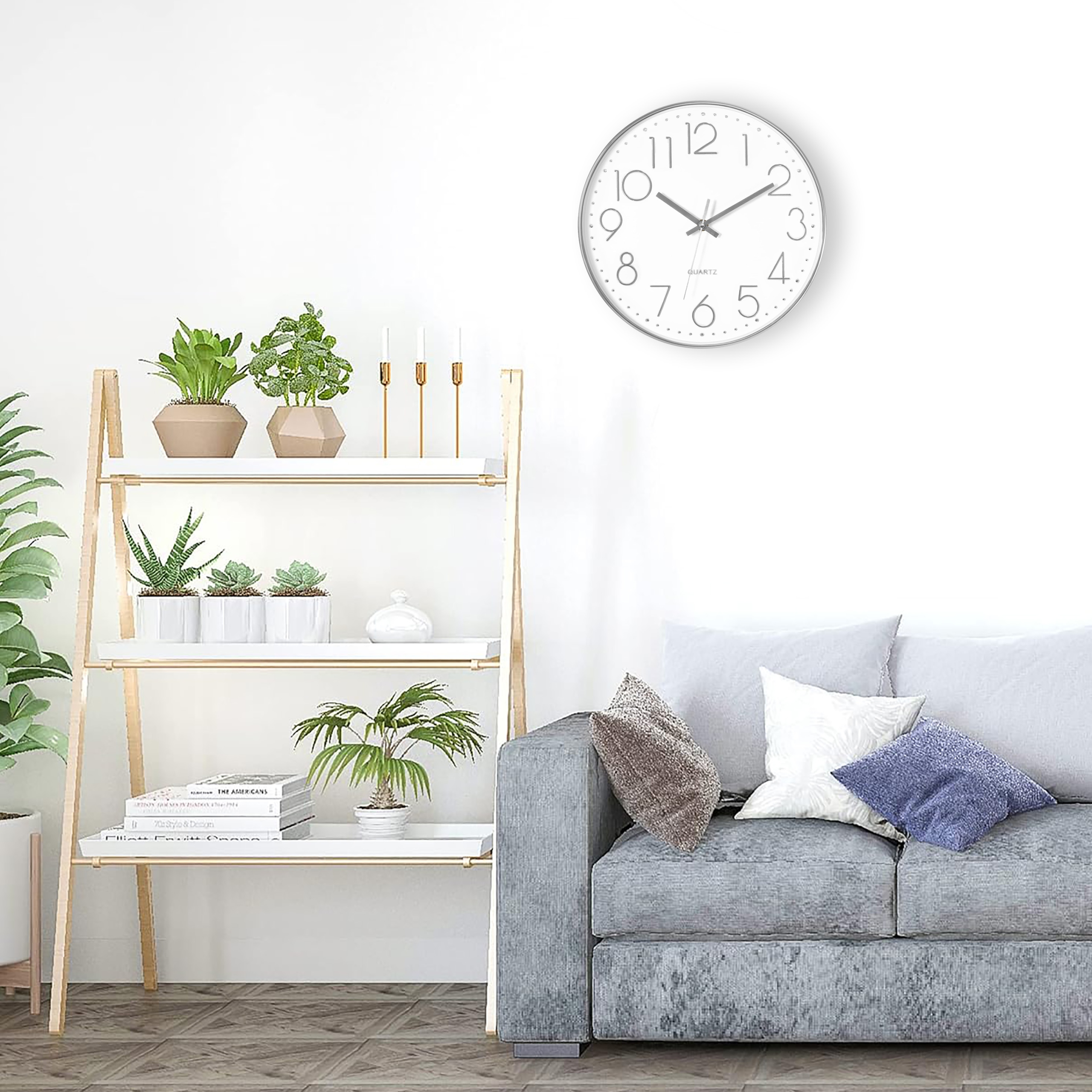 ZEGAR ŚCIENNY DUŻY OKRĄGŁY BEZGŁOŚNY SREBRNY CZYTELNY 30 cm NA ŚCIANĘ Materiał dominujący tworzywo sztuczne