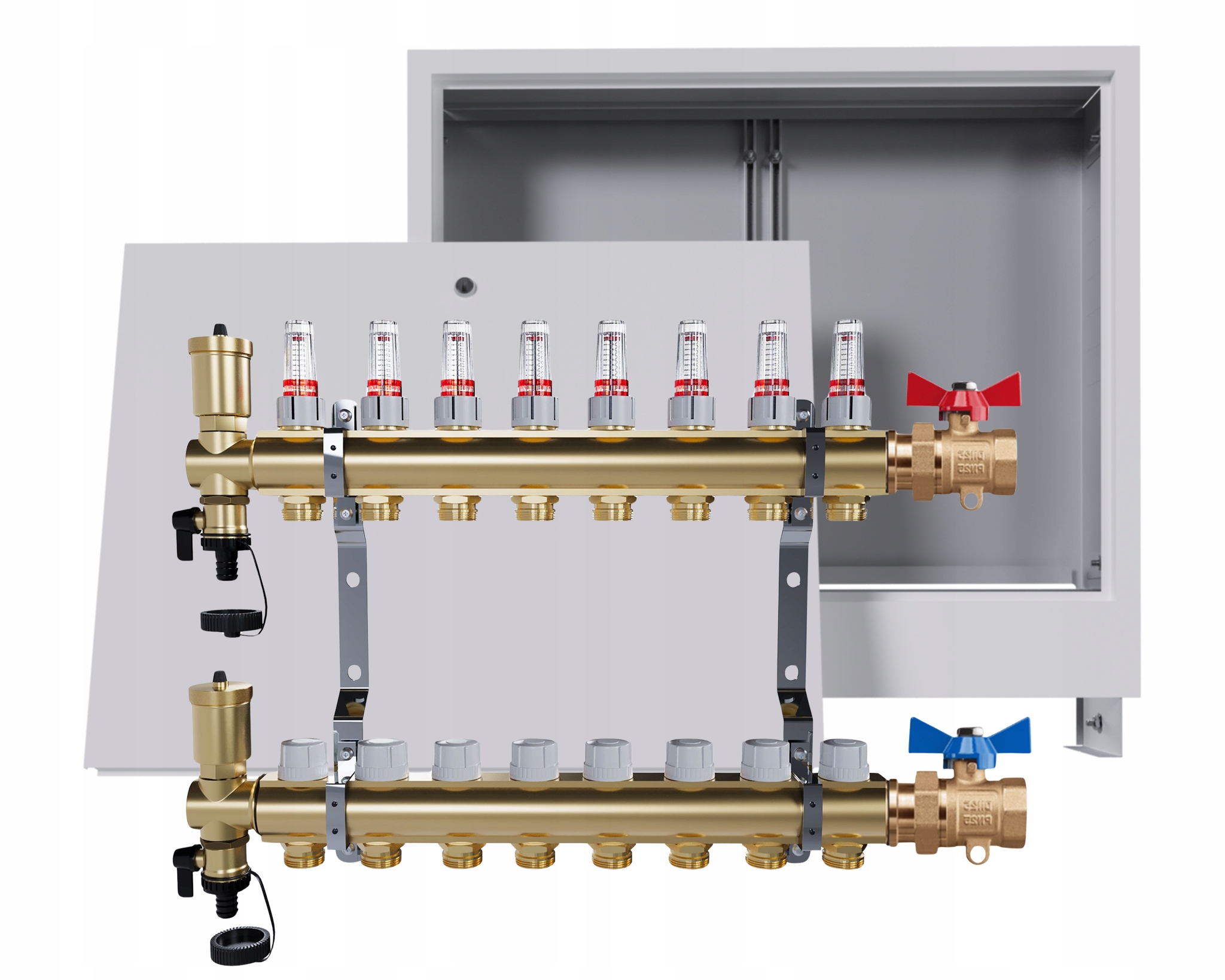 Rozdělovač podlahových krytin mosazný 8 okruhů Podomítková skříň Jednoduchý ventil