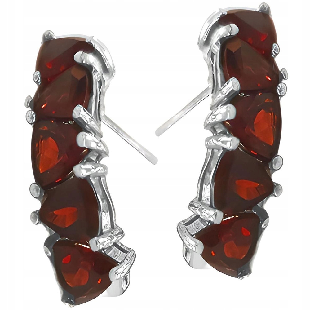 Stříbrné náušnice na uši tyčinka 925 červené zirkony trojúhelníky dárek