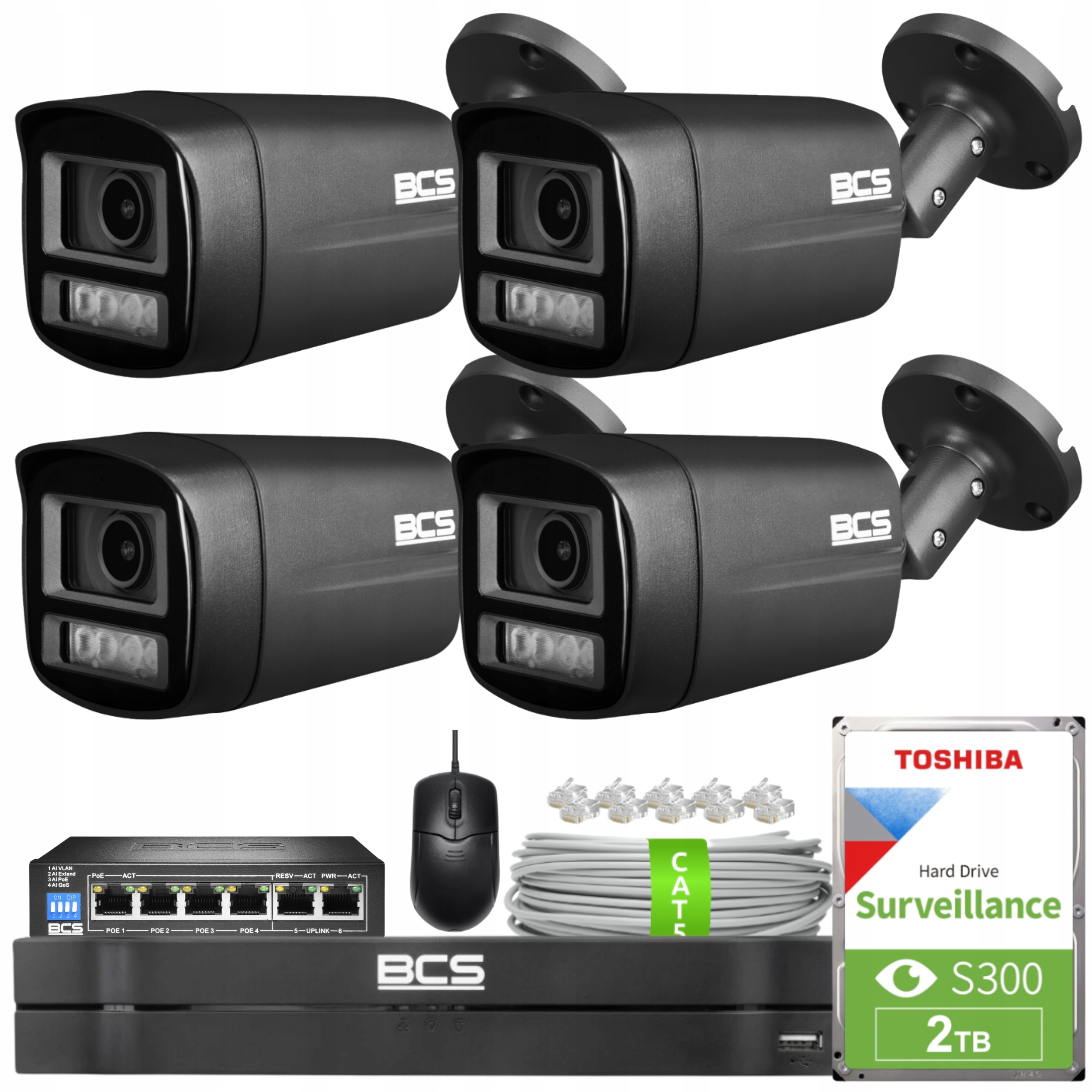 Zestaw Monitoringu 4X BCS-L-TIP14FCL5-Ai1-G 4MPX IR50M IP67 Akcesoria Bcs