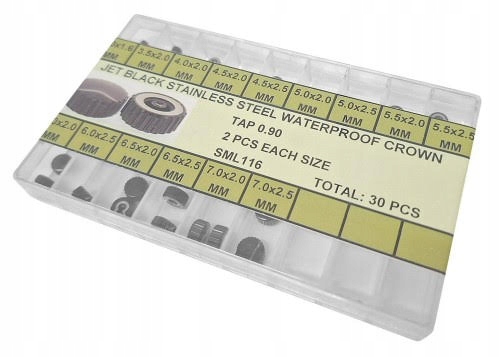 Sada 30 ks vodotěsných ocelových korunek pro quartzové hodinky.