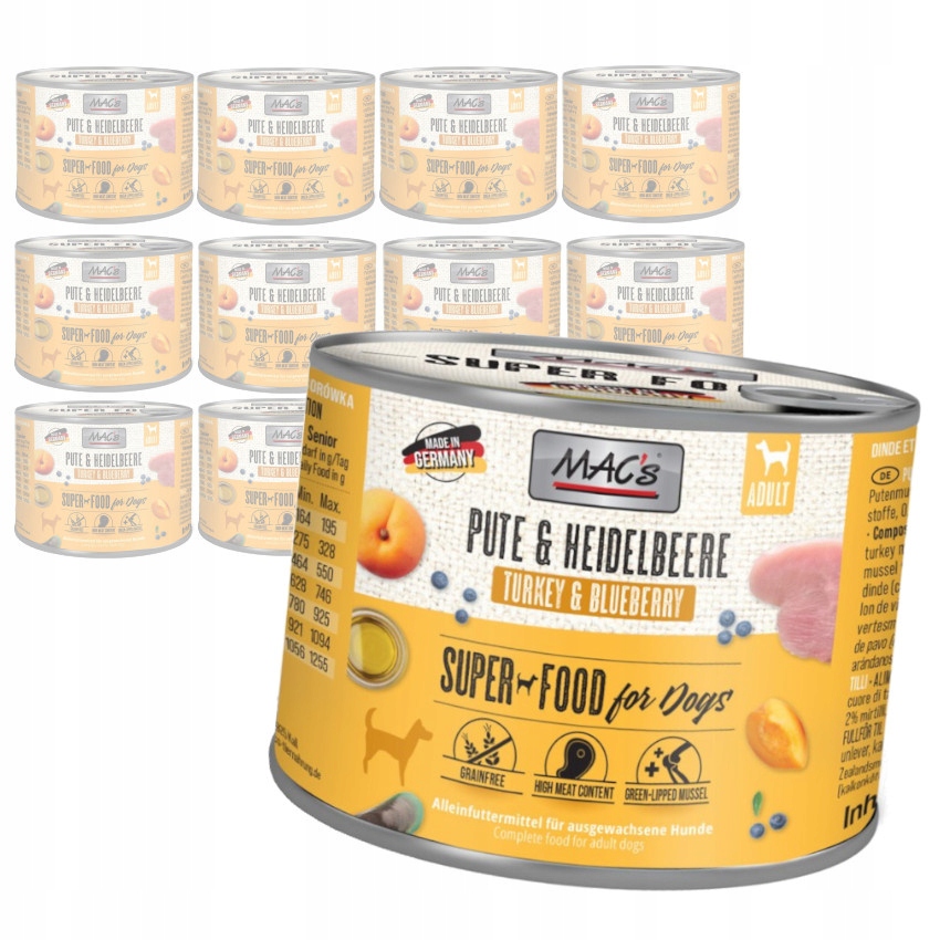 Levně MAC's 12x200g Bezobilné Vlhké Krmivo pro psy s krůtím masem a borůvkami