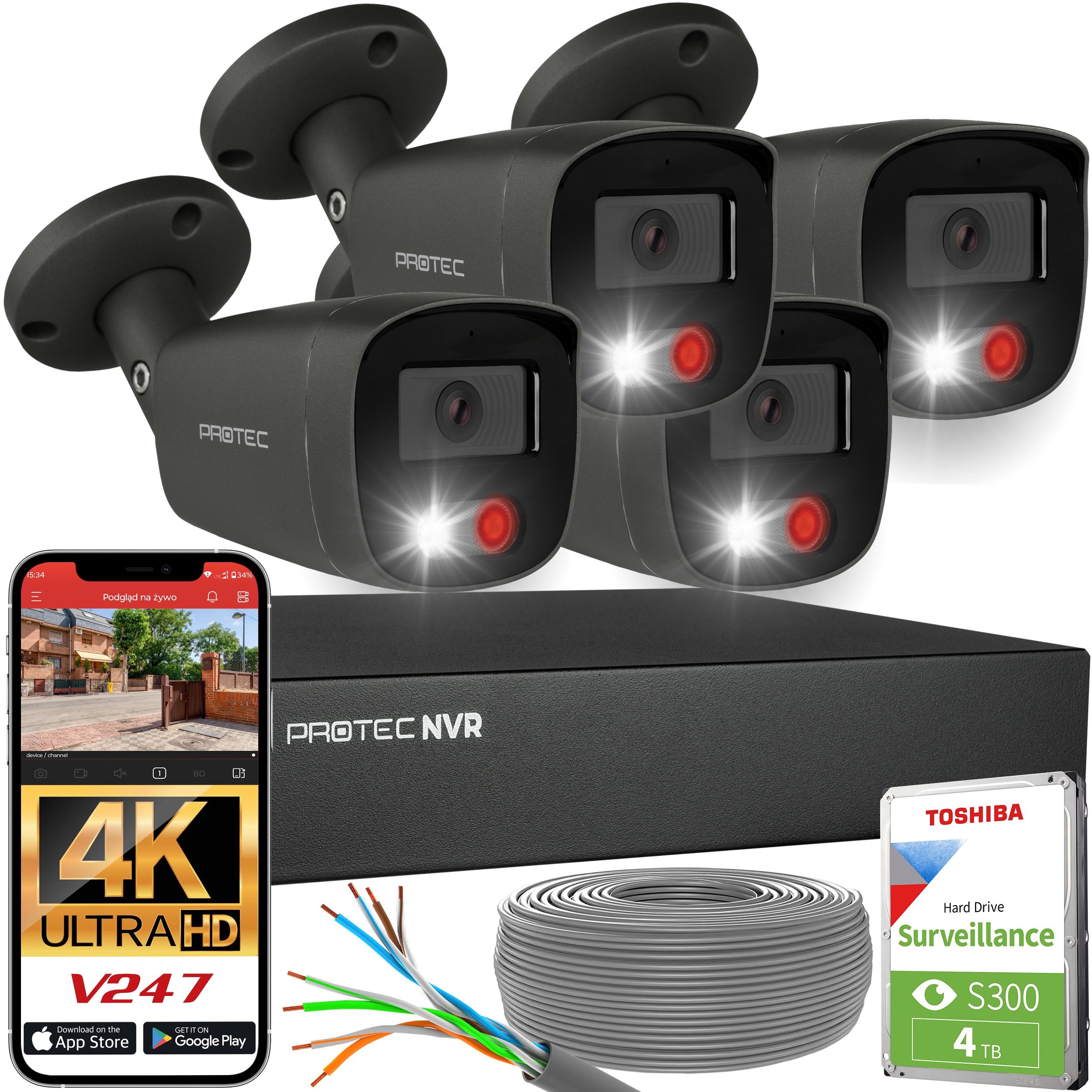 Kompletny zestaw monitoringu 4 kamery 4K Ip PoE zewnętrzne audio grafitowe