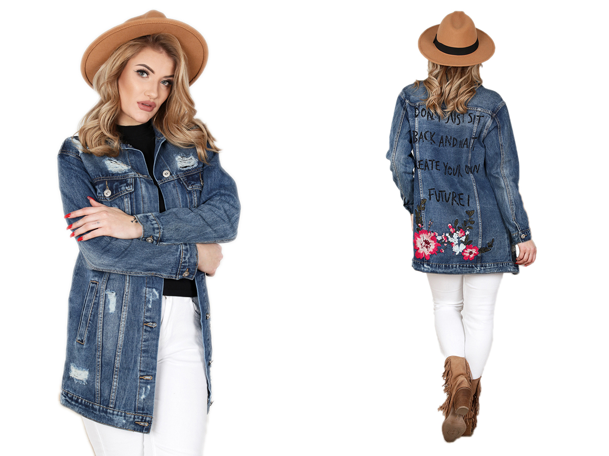 

Katana Kurtka Jeans Długa Kwiaty Haft 36 S 2120
