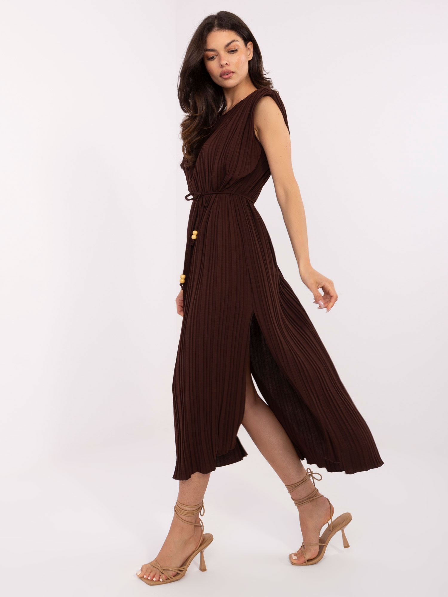Šaty Plisovaná z viskózy midi italy moda casual se zavazováním, hnědá