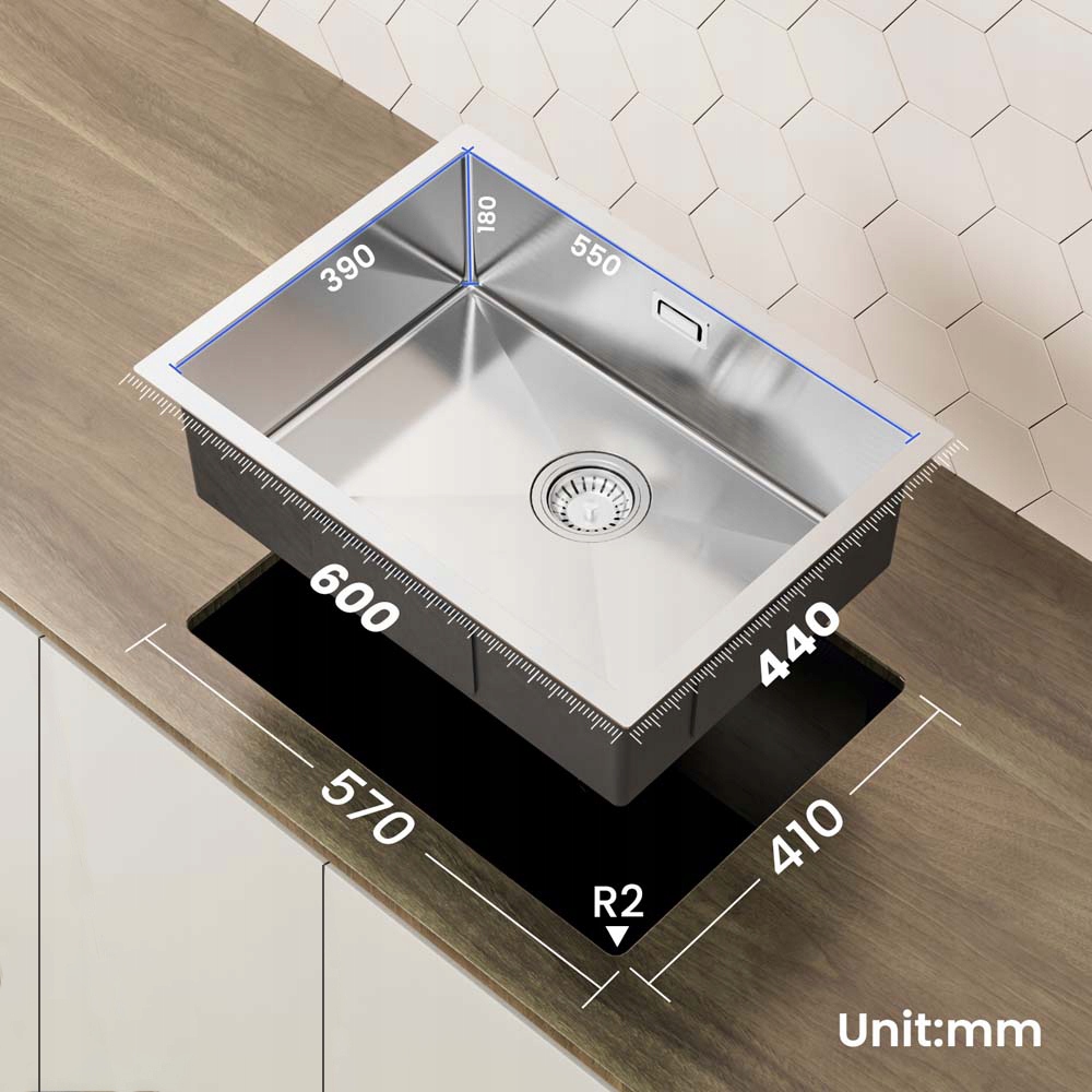 Zlewozmywak Jednokomorowy Stalowy 60x44CM z Koszyk i Syfon Kolor srebrny