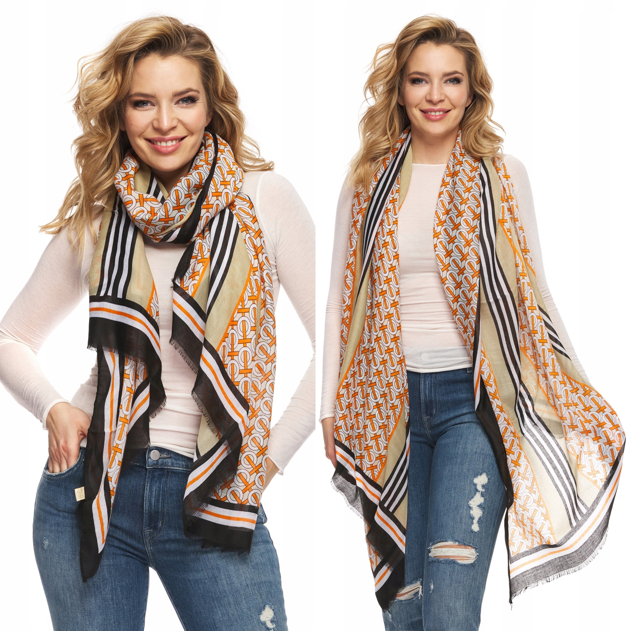 

Szal Szalik Damski zwiewny czerń beż pomarań