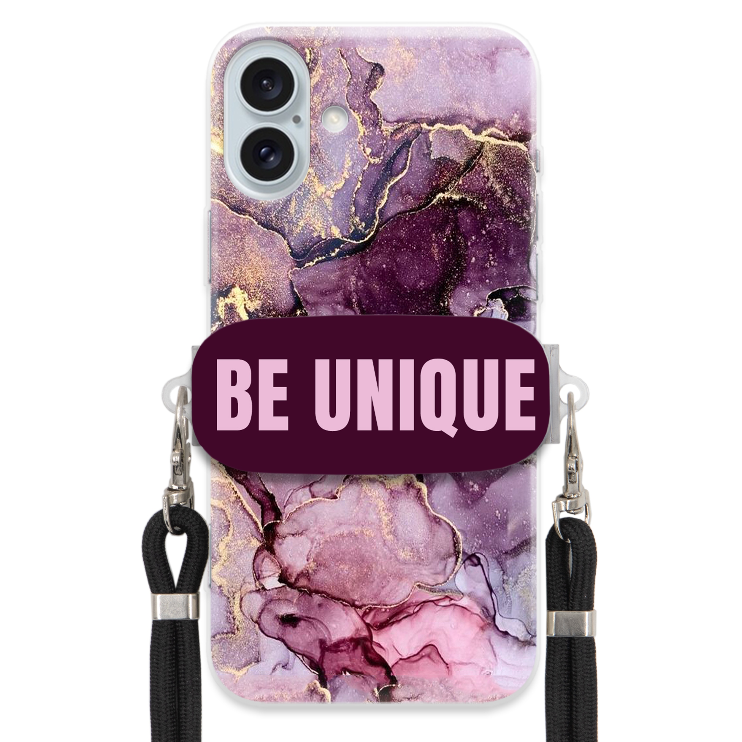 Puzdro pre iPHONE 16 Plus držiak na šnúrku Čierna Fialová Mramor Be Unique