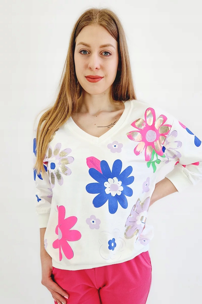 Mikina s květy, bílá a chrpová, velikost S/m