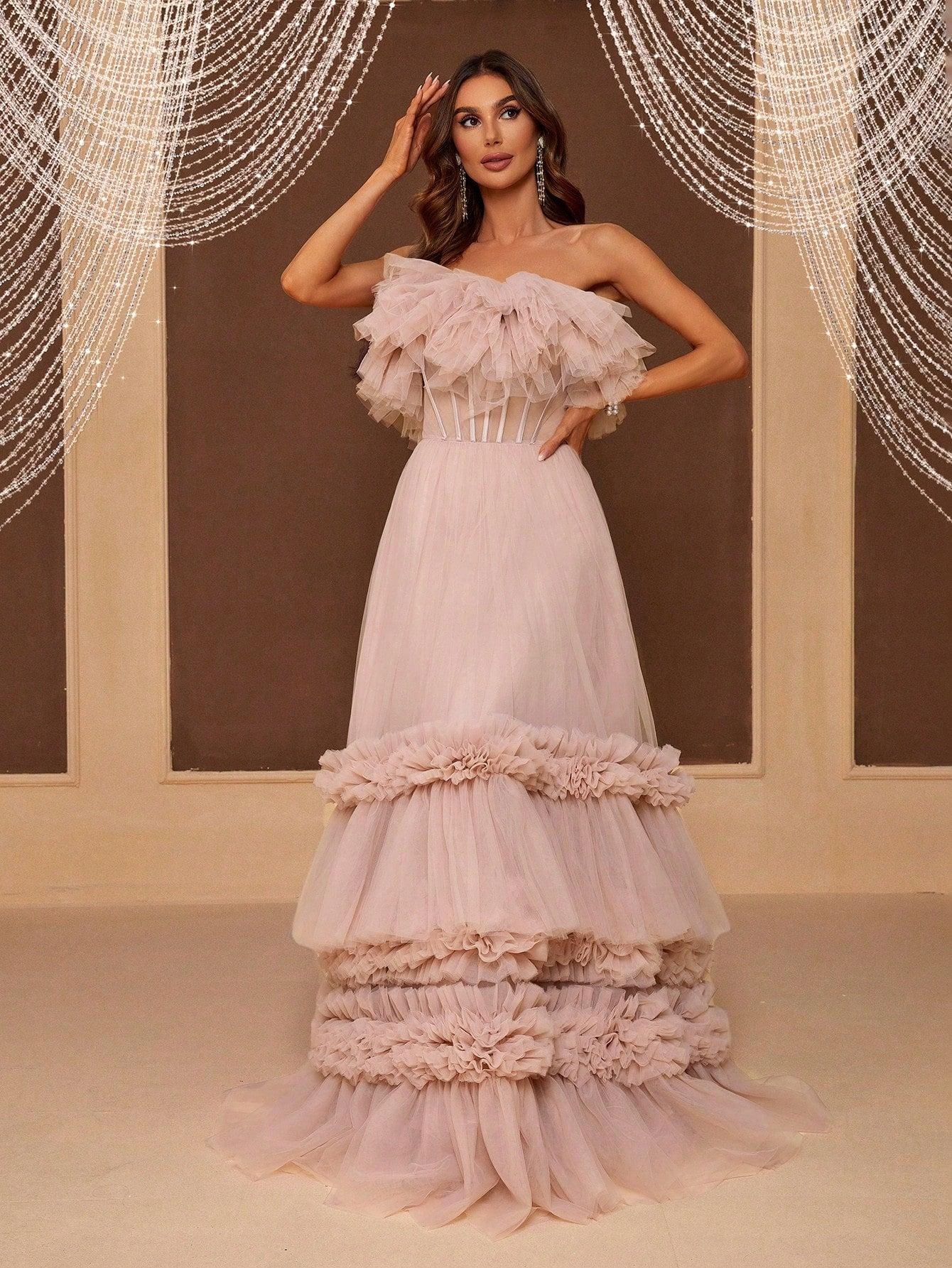 HC41201 Shein Tylová Šaty Maxi, Odhalená Ramena, Volán L