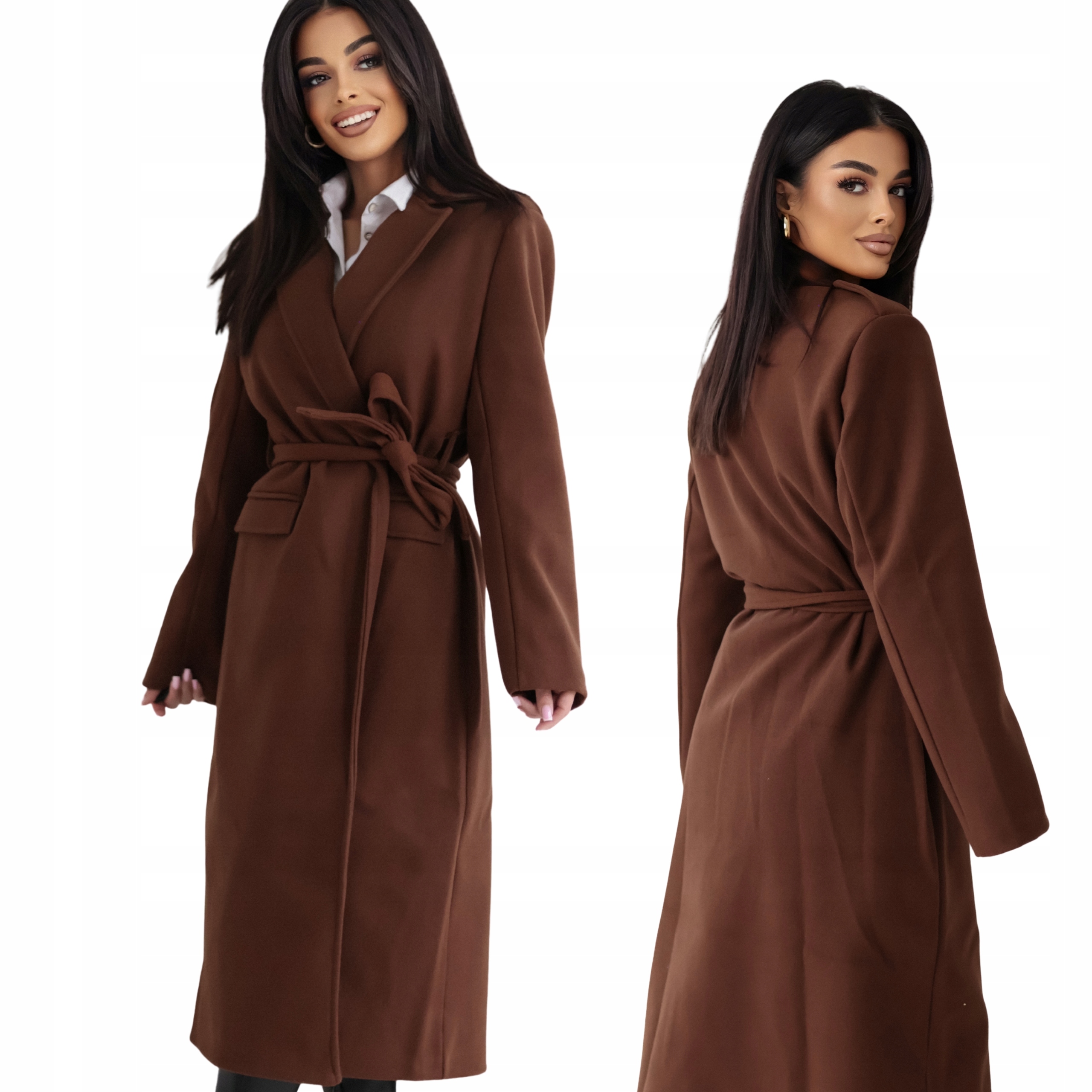 Dámský elegantní klasický zavazovací kabát, hnědý Uni S M L