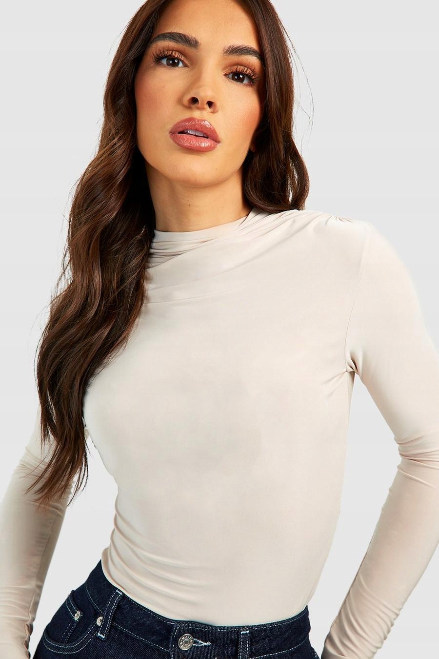 BOOHOO BEŻOWE GŁADKIE BODY DŁUGI RĘKAW BASIC G1K NG2__L Rozmiar L (40)