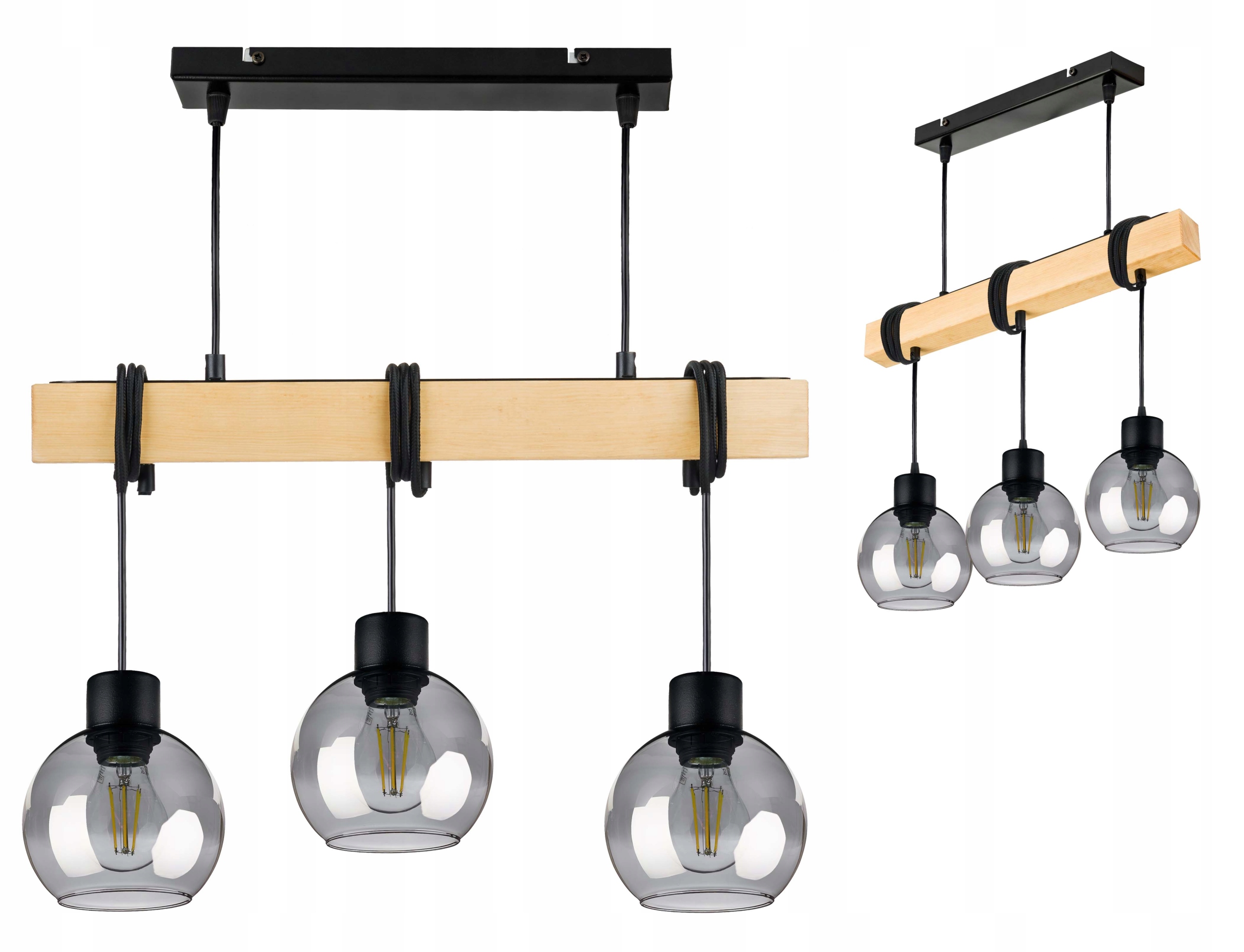 Dřevěná závěsná stropní lampa Lustr Zwis Loft, skleněná, 3x E27