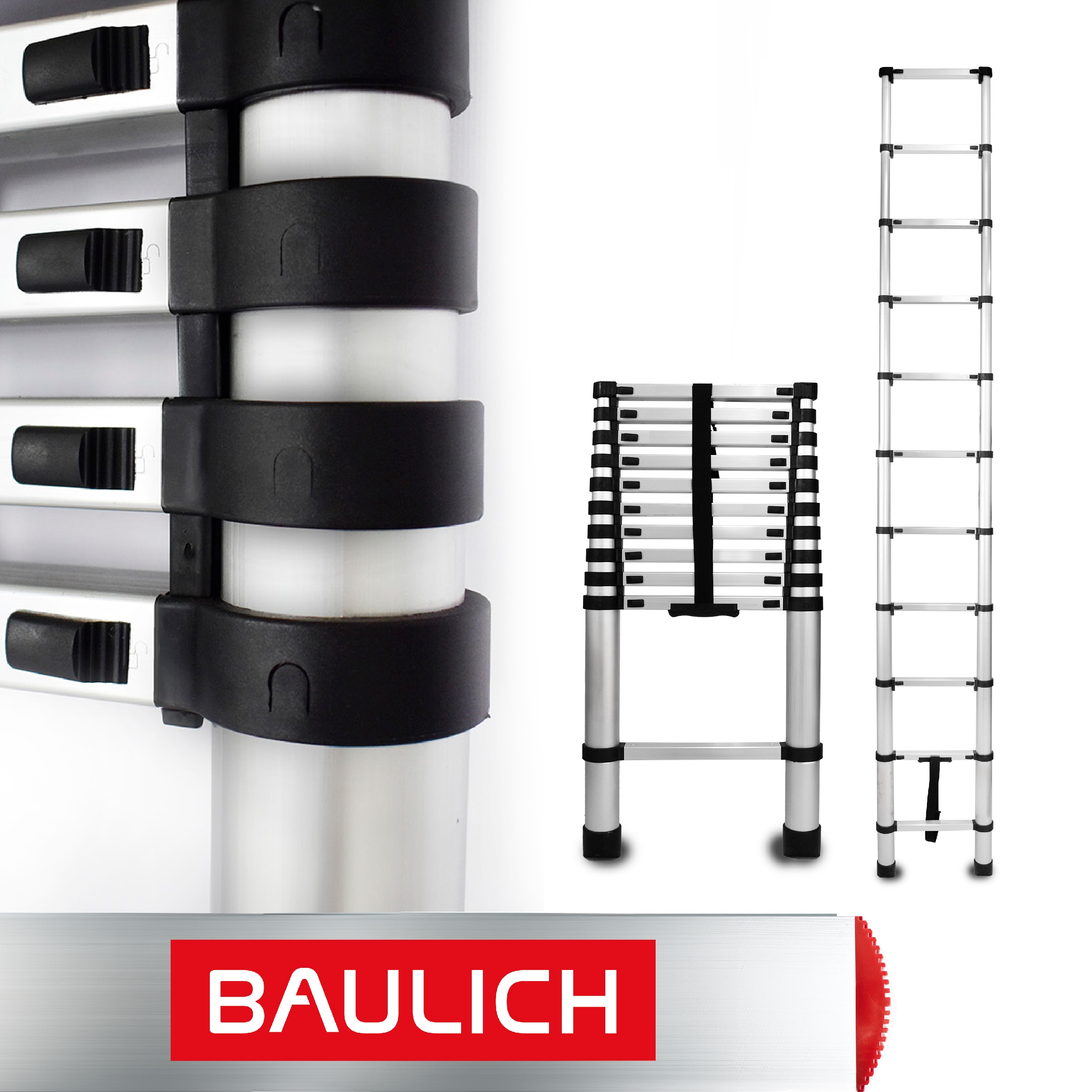 Skladací teleskopický rebrík z hliníka, 11 priečok, Odbojníky