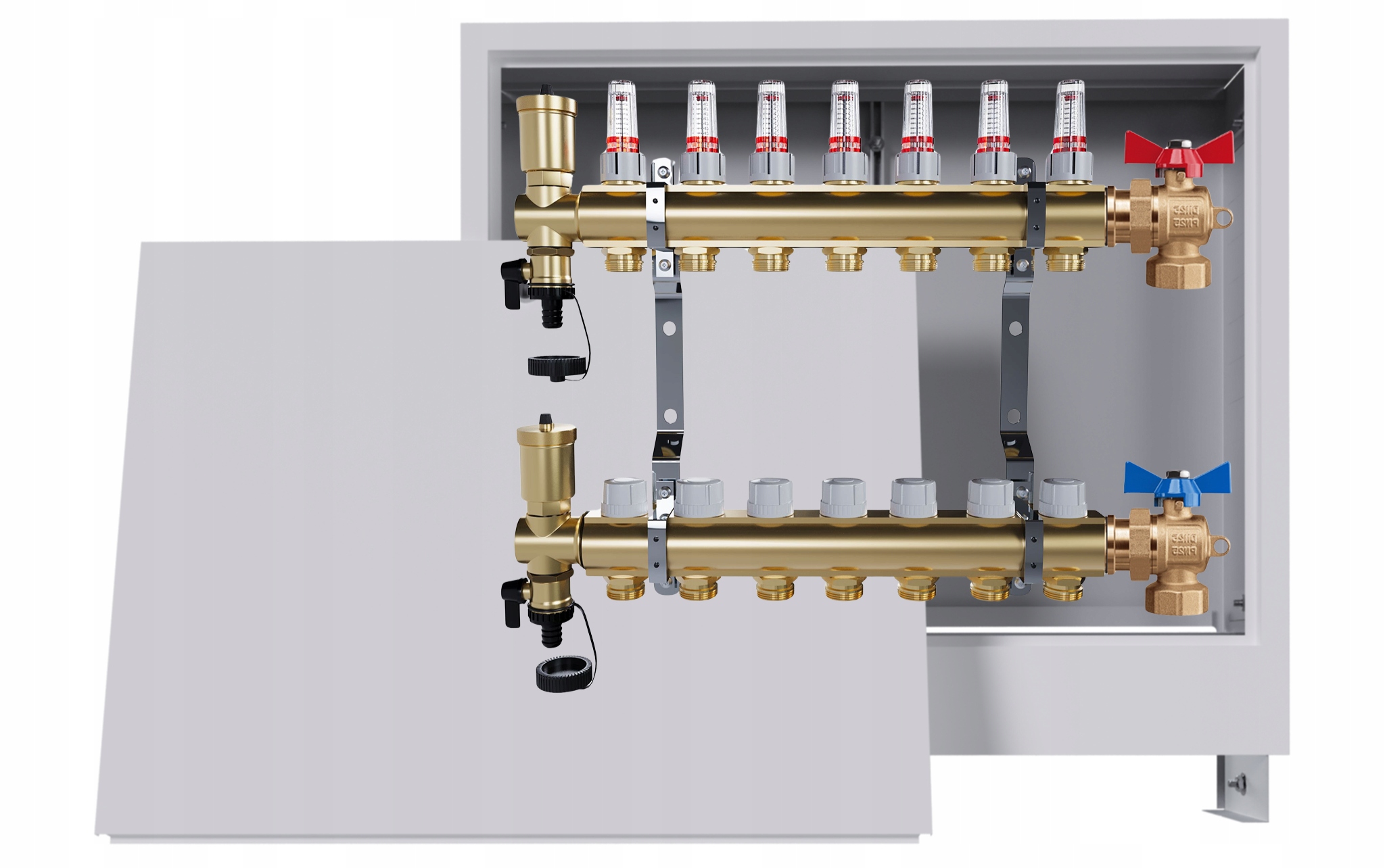 Rozdělovač podlahových krytin mosazný 7 okruhů podomítková skříň 2 ventily
