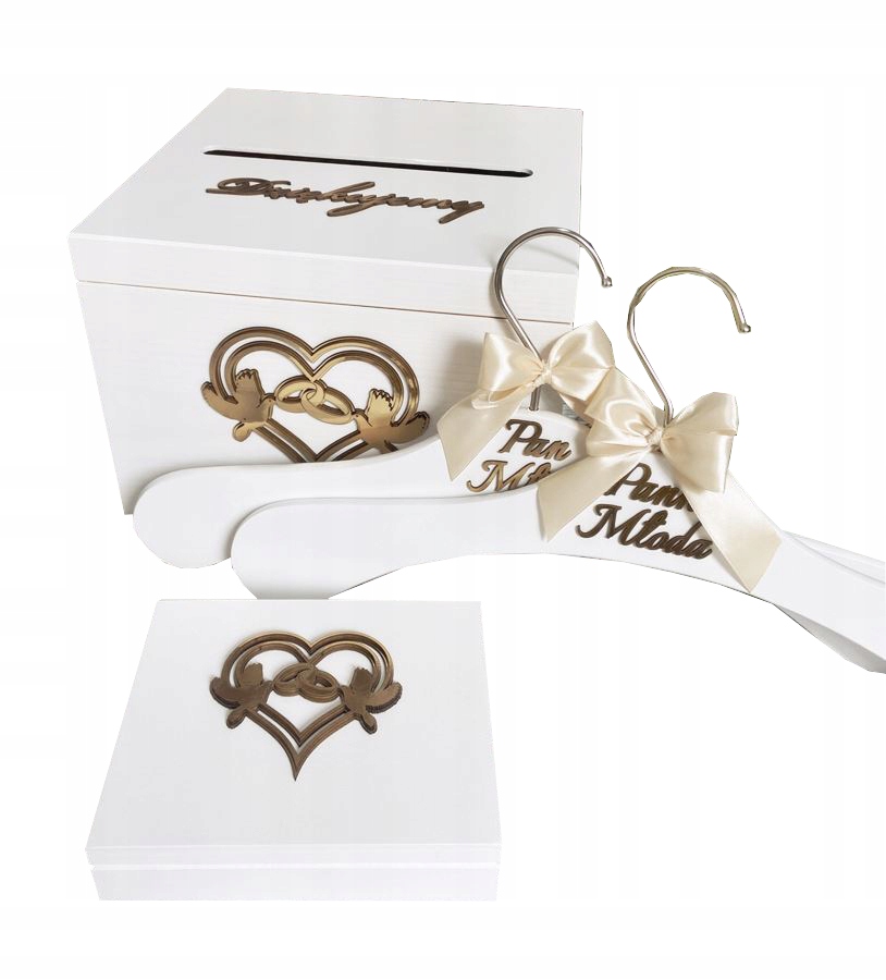 Svatební sada: krabičky na obálky a snubní prsteny 2 věšáky Drewlandia