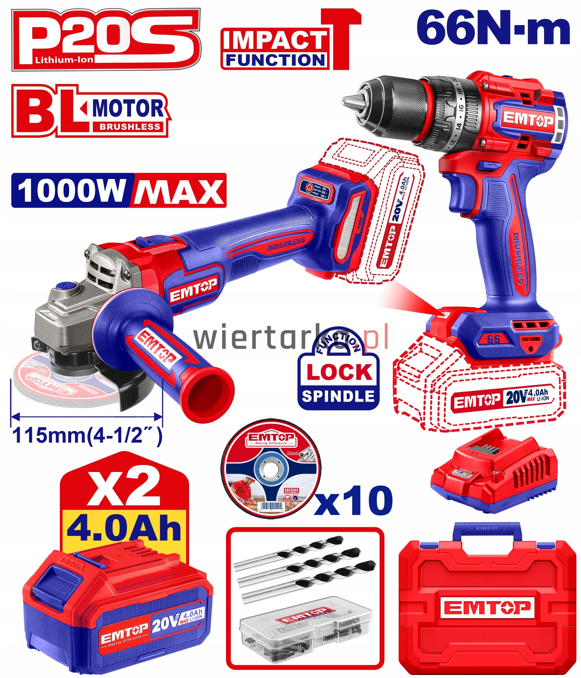 Zestaw Narzędzi Akumulatorowych 20V Szlifierka Wkrętarka Emtop