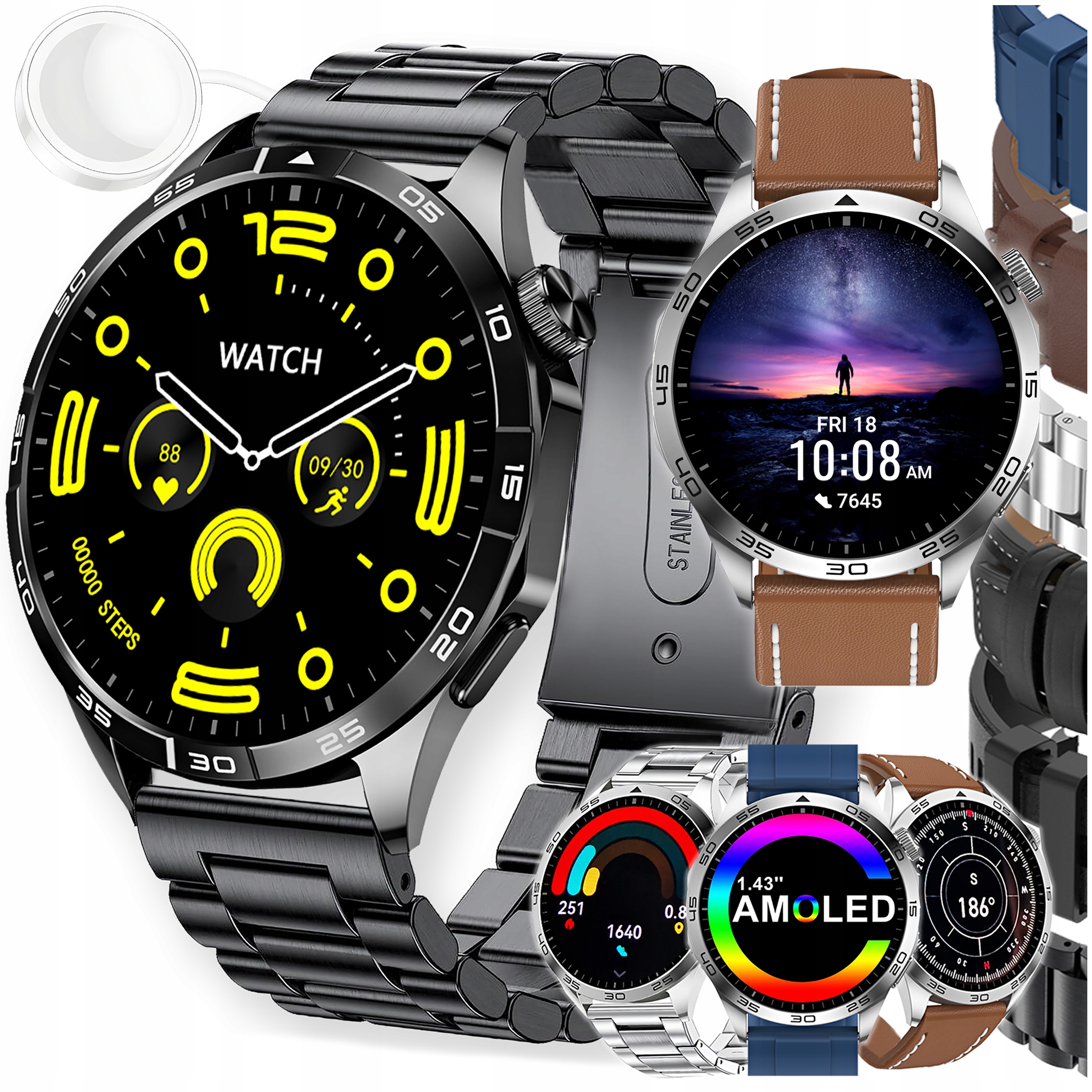 SMARTWATCH MĘSKI Z FUNKCJA ROZMOWY AMOLED WODOODPORNY POMIARY SPORT MENU PL