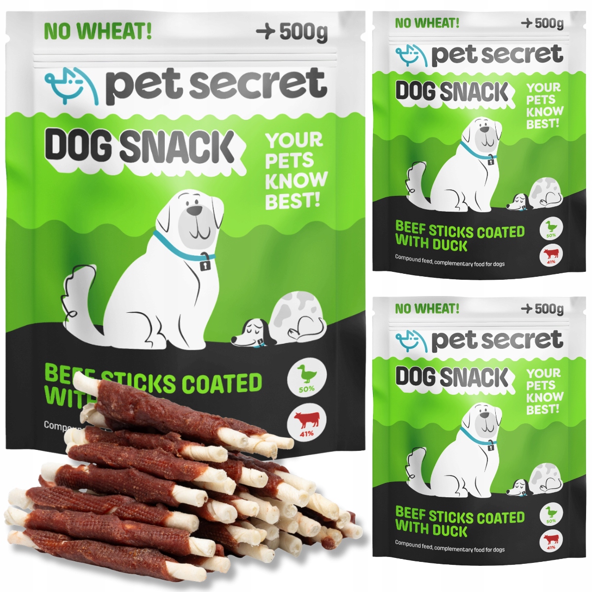 Psí pamlsek Hovězí tyčinky zalité kachnou 3x500g Pet Secret Kousátko