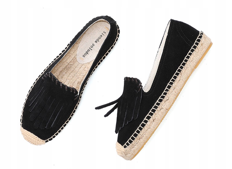 BUTY ESPADRYLE FRĘDZLE SKÓRA NATURALNA CZARNE Marka bez marki