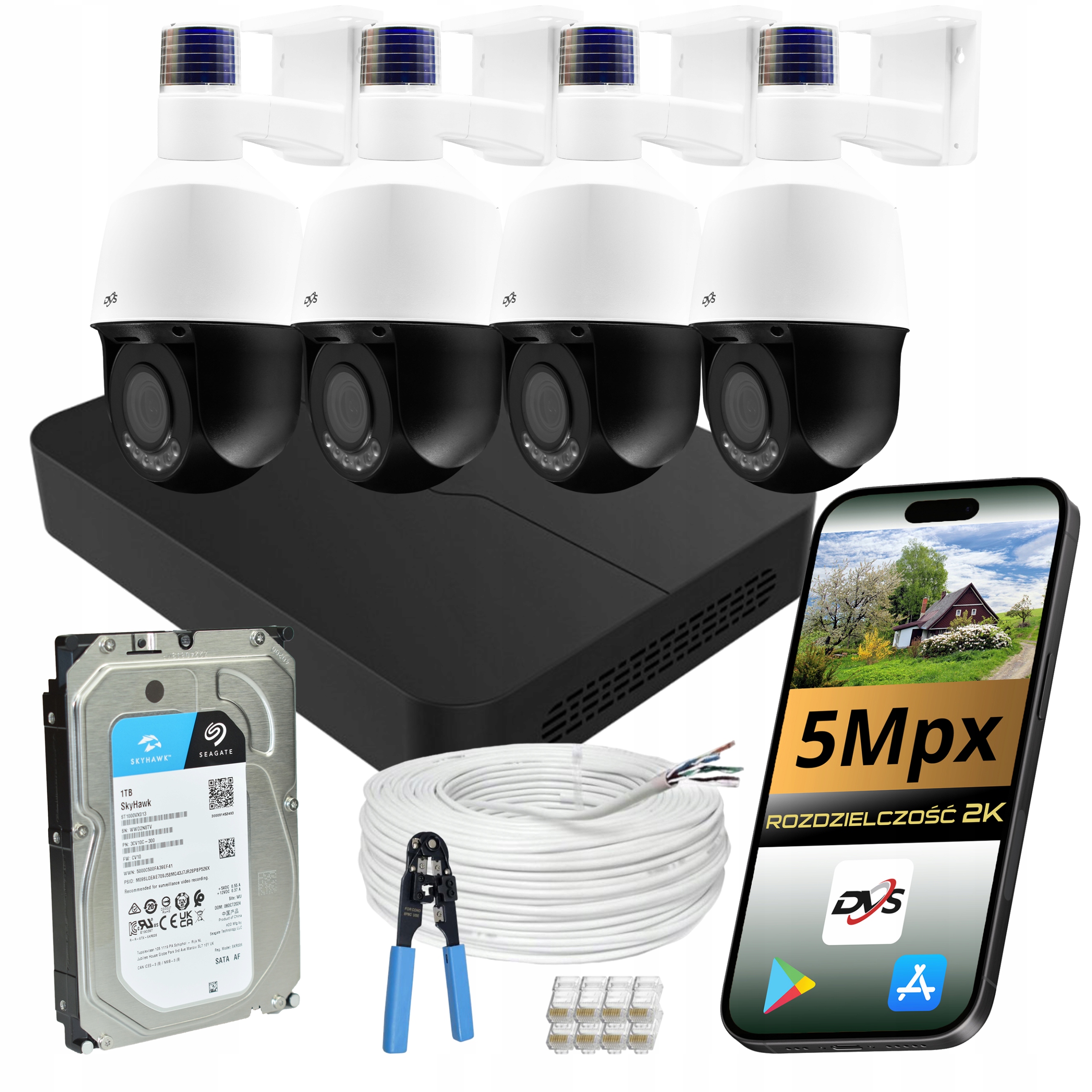 Kamery Monitorovacia Sada 4x Kamera Dvs Ip Poe 5MPX Disk 1TB Rotačná Smart