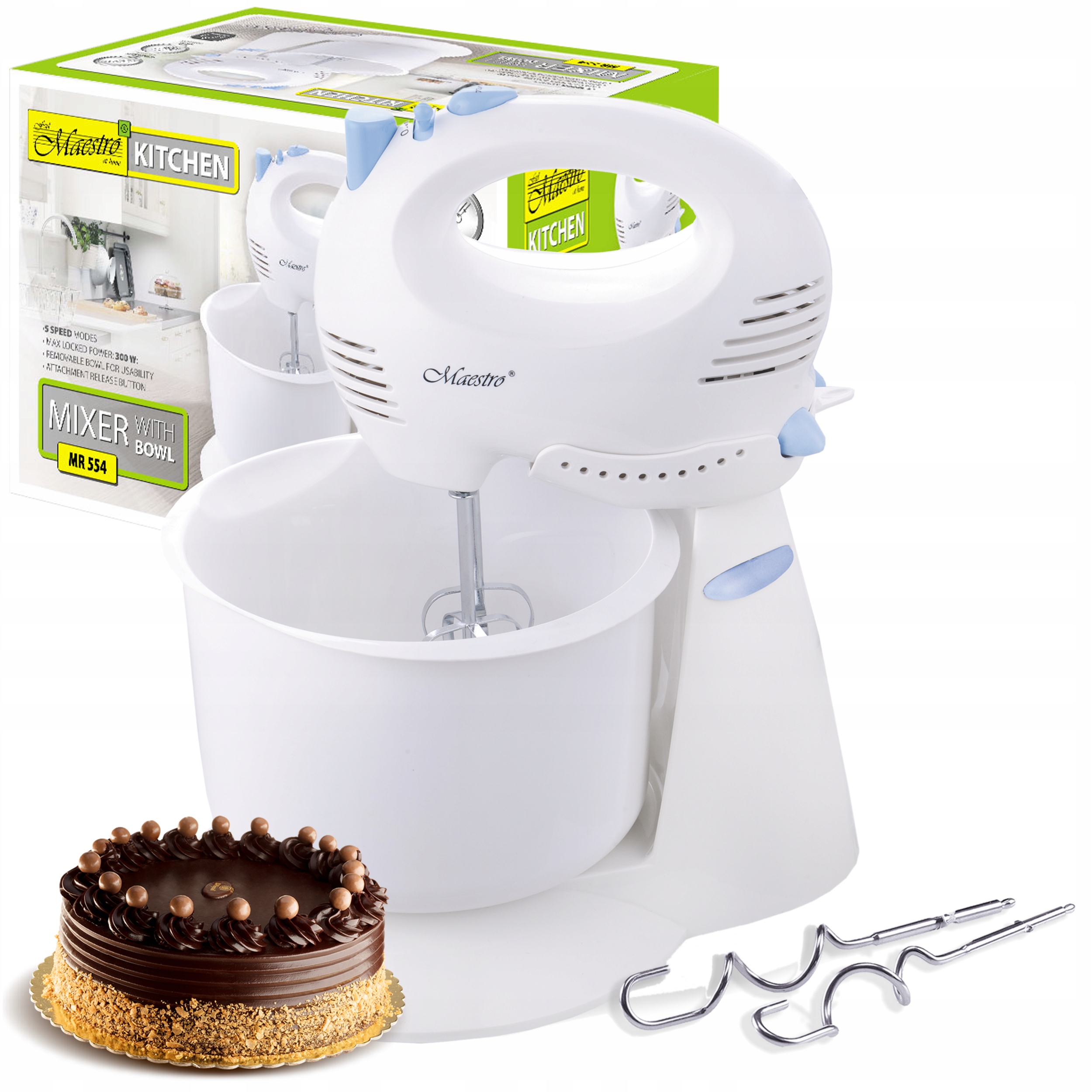 MOCNY Mikser MAESTRO Robot kuchenny Z MISĄ 5 biegów 300W TURBO 4 KOŃCÓWKI