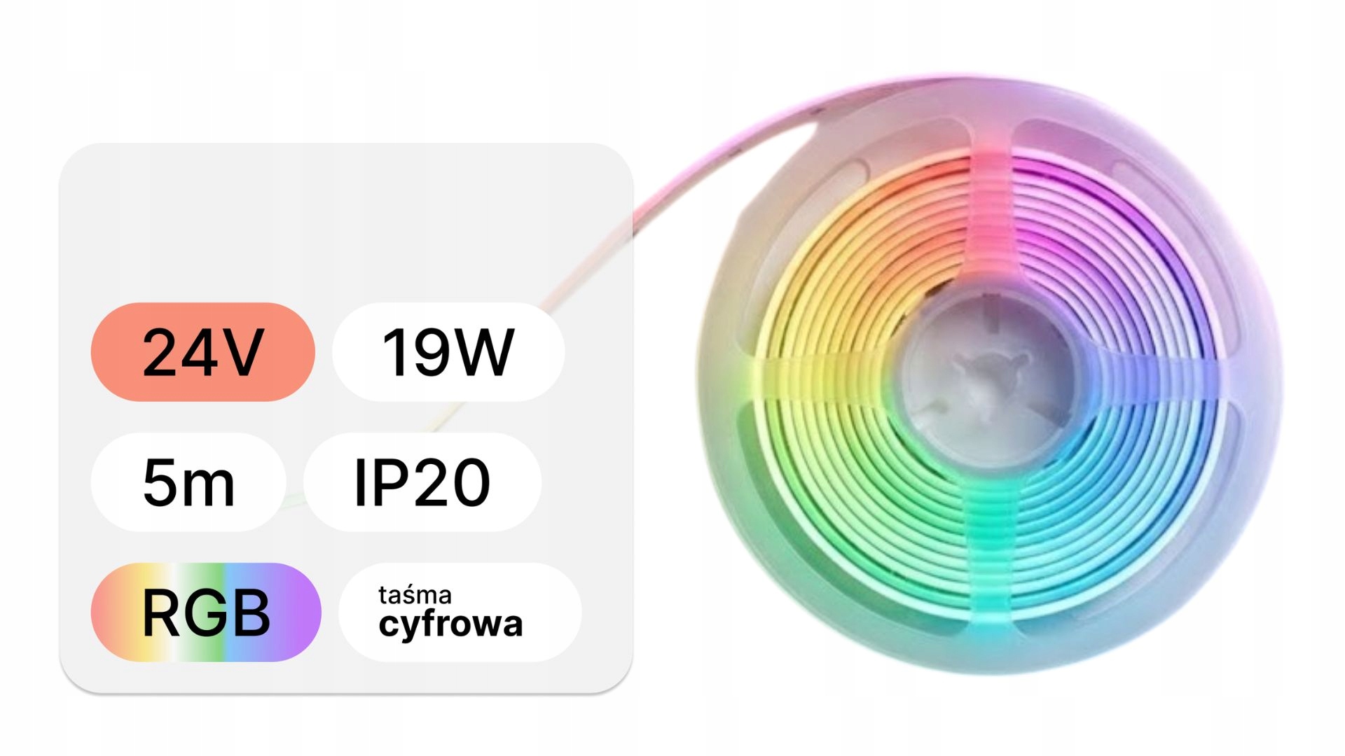 Led pásek 24V 19W Cob Digitální Digital 576 Led Rgb 10 mm IP20 5 m