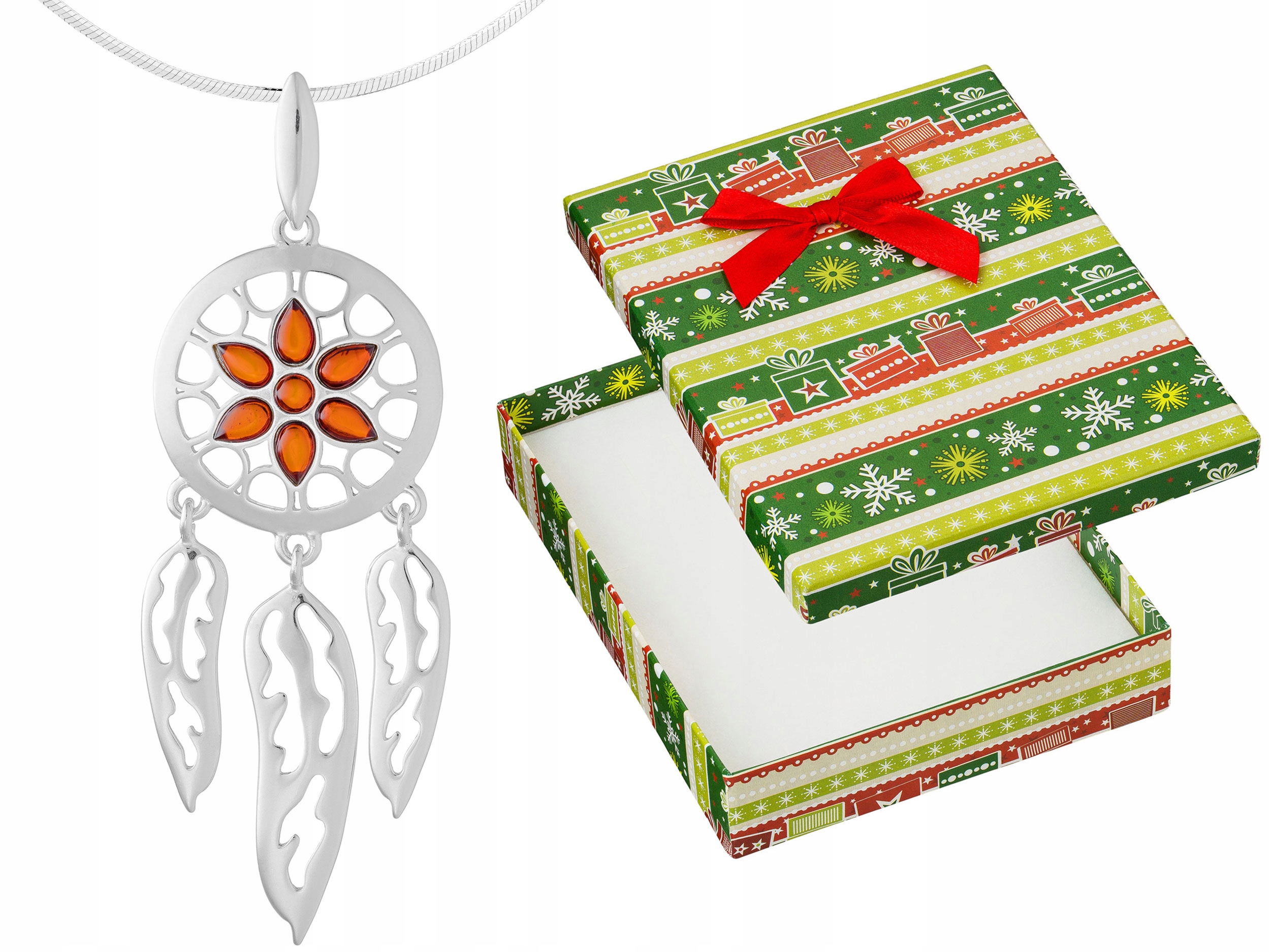 Velký stříbrný dámský náhrdelník Amulet s jantarem Lapač Snů, dlouhý 80 cm