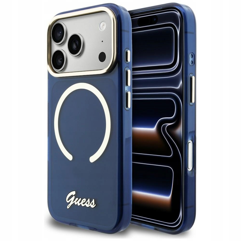 Pouzdro Guess IML Script Metal MagSafe pro iPhone 17 Pro, modré