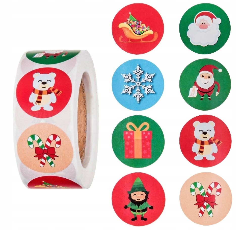 ŚWIĄTECZNE NAKLEJKI OKRĄGŁE 50szt MIKOŁAJ BOŻE NARODZENIE ŚWIĘTA NA PREZENT