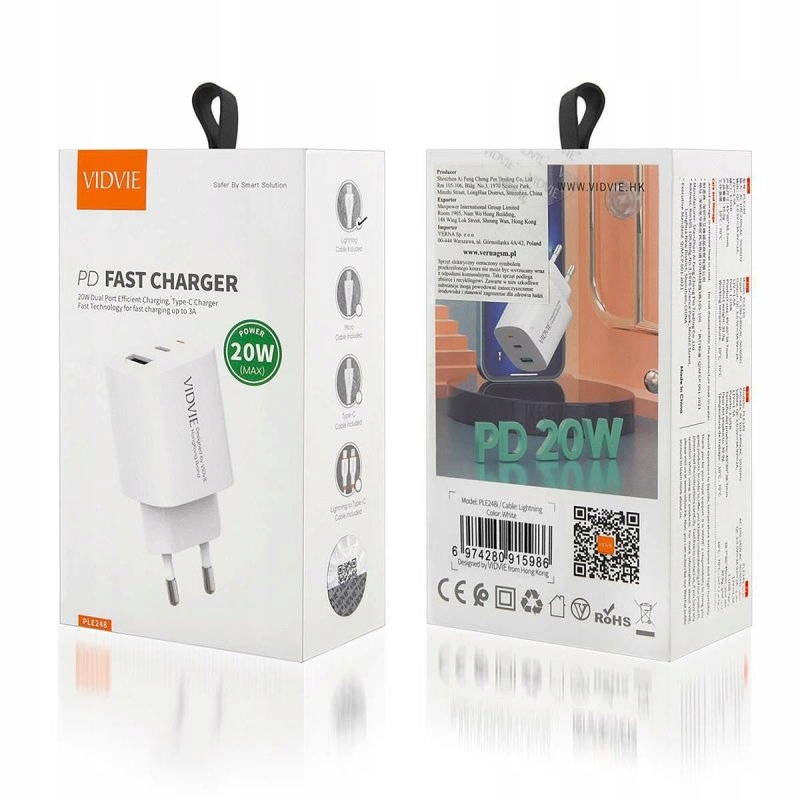 VIDVIE SZYBKA ŁADOWARKA 1x USB 1x TYPE-C PD 20W + KABEL LIGHTNING DO IPHONE Kod producenta QXSD0019348